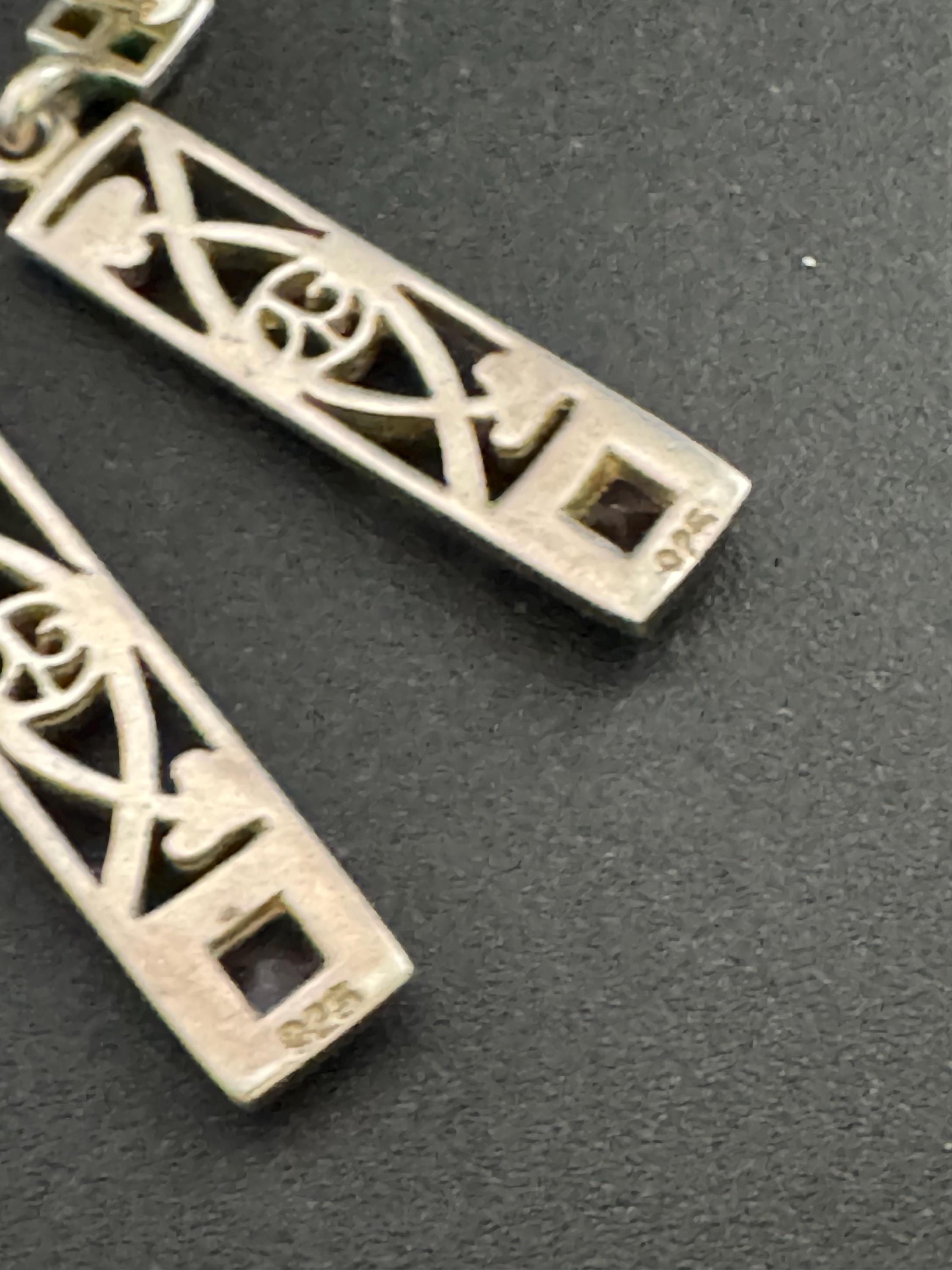 Vintage Sterling Silver amethyst drop Earrings, Art nouveau openwork 925