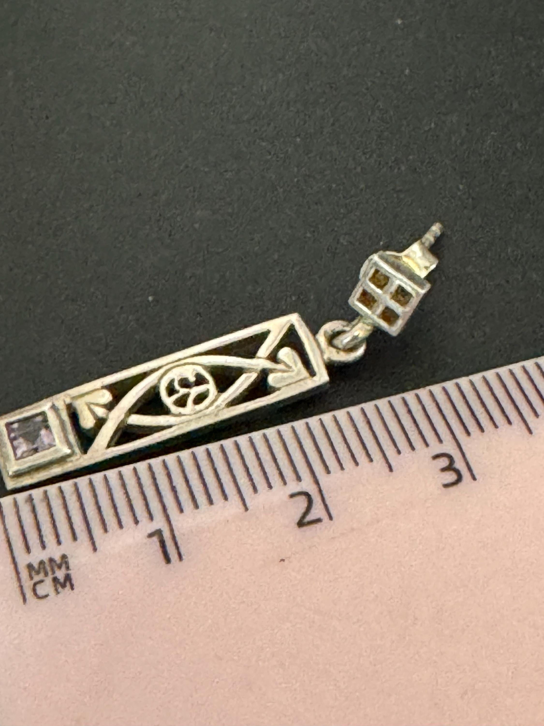 Vintage Sterling Silver amethyst drop Earrings, Art nouveau openwork 925