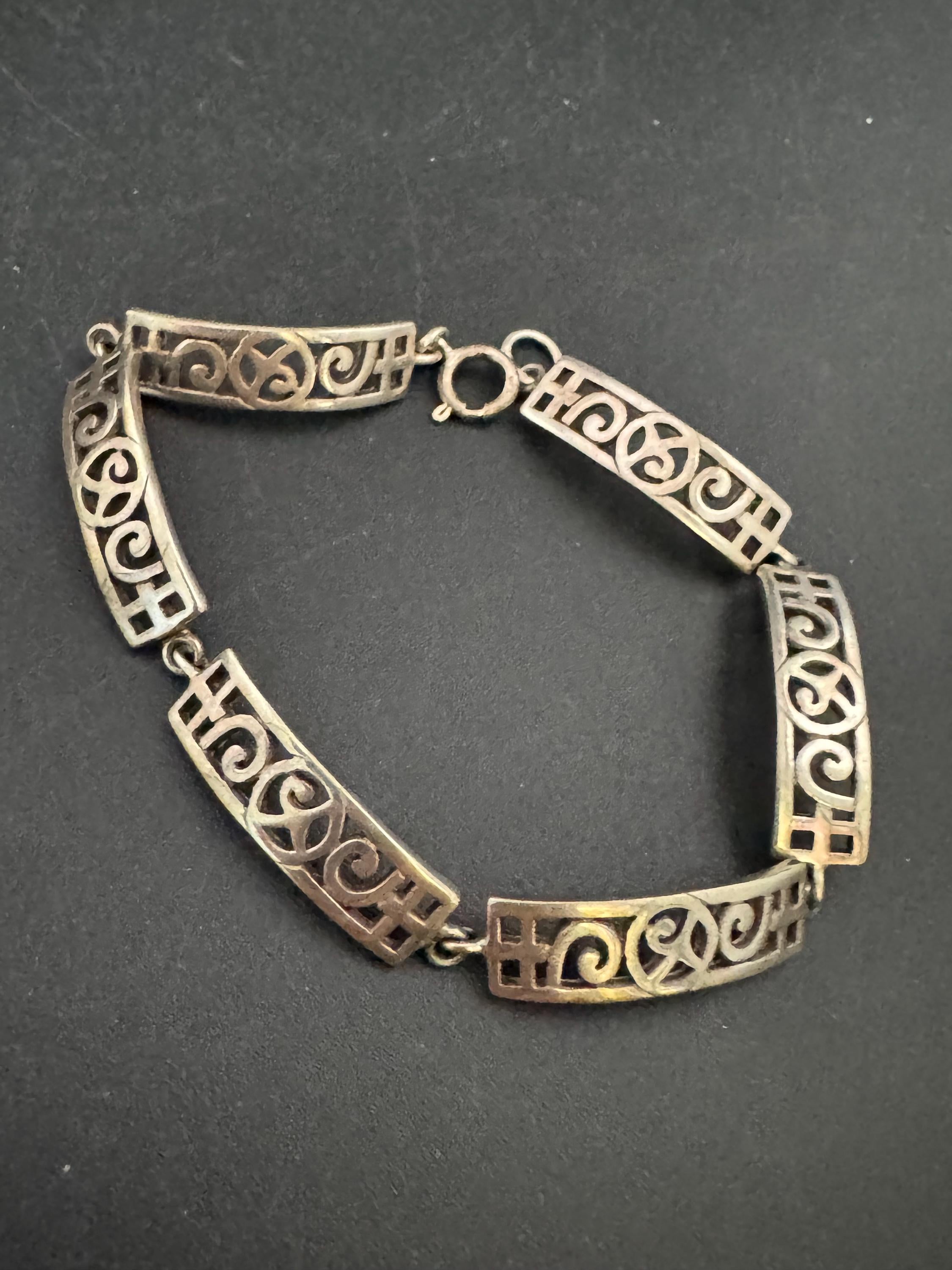 Vintage 925 Silver chain link bracelet, Rennie Mackintosh style 18cm