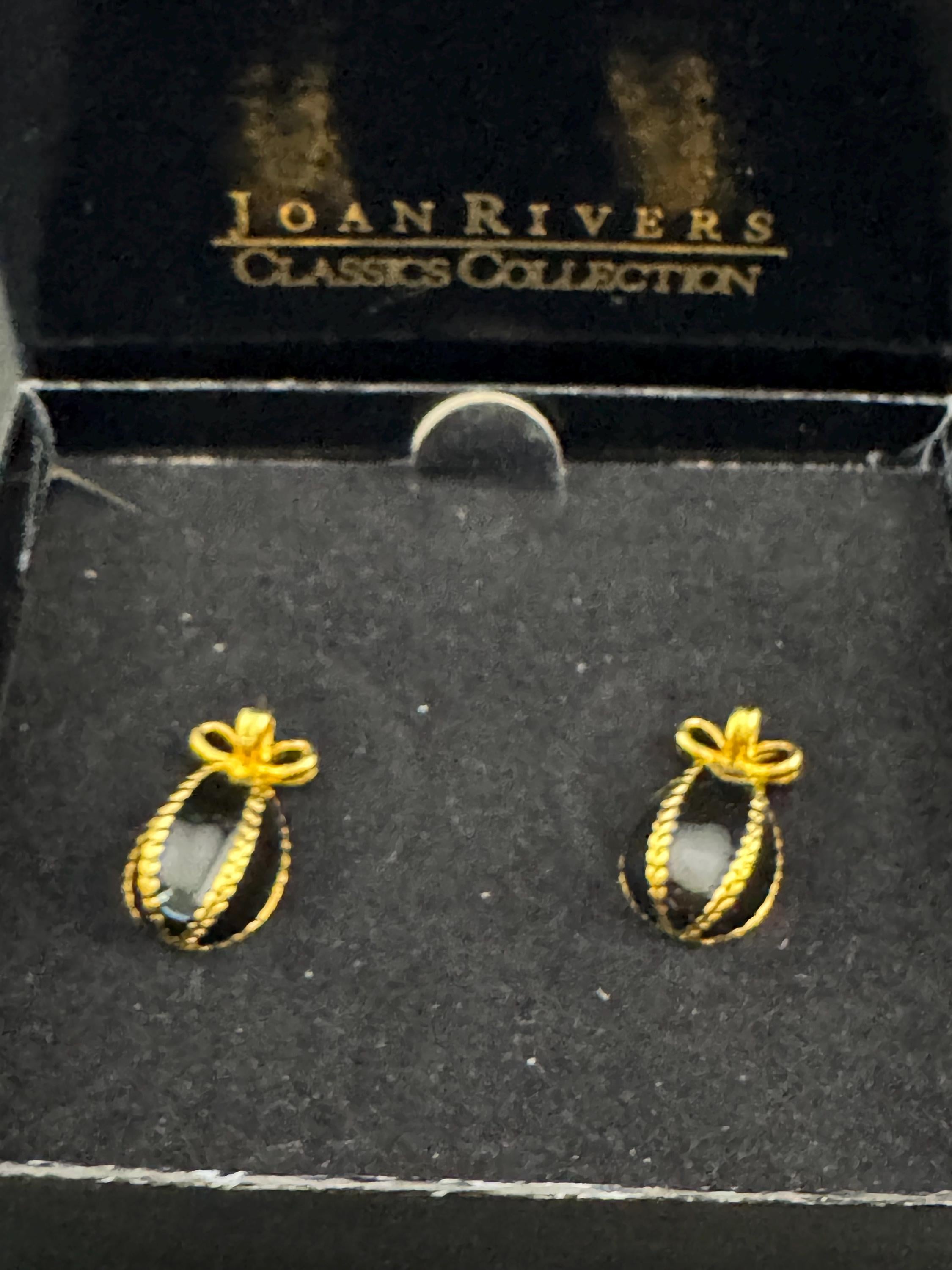 Joan rivers black enamel egg pierced earrings, gold plated faberge egg inspired
