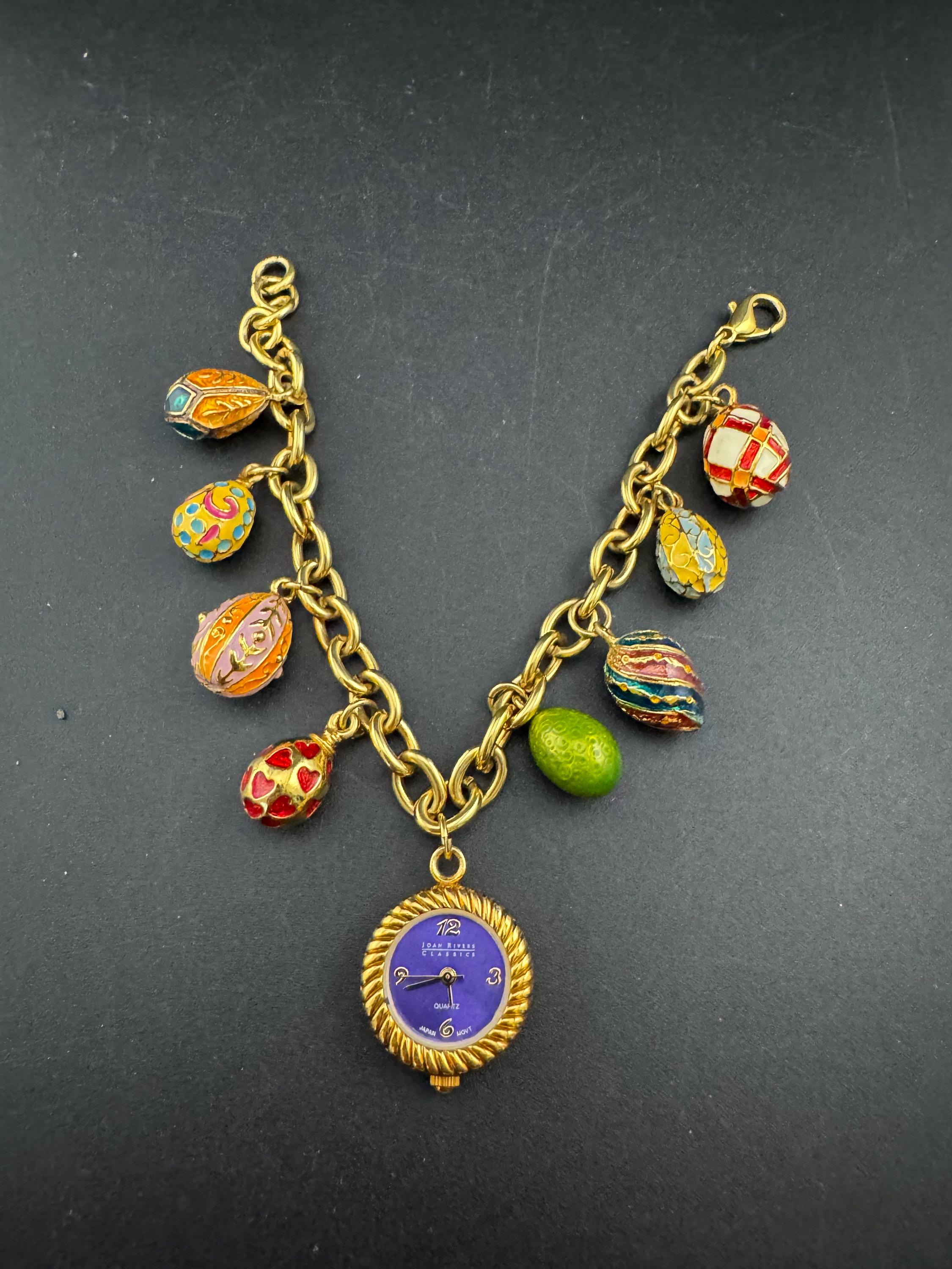 Signed Joan rivers enamelled jewelled egg charm watch bracelet 20cm