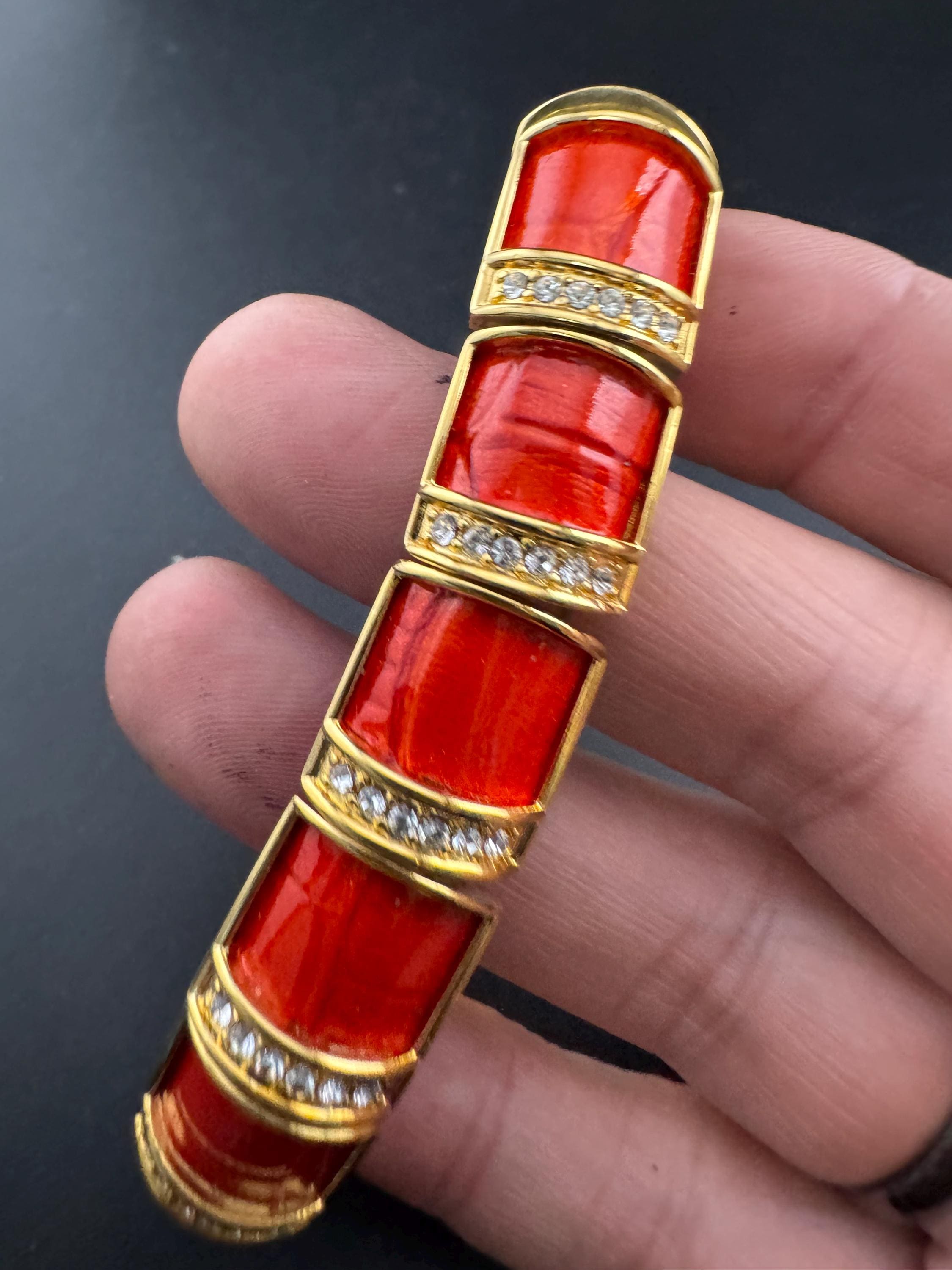 Joan rivers red enamel rhinestone stretch bangle bracelet , gold plated