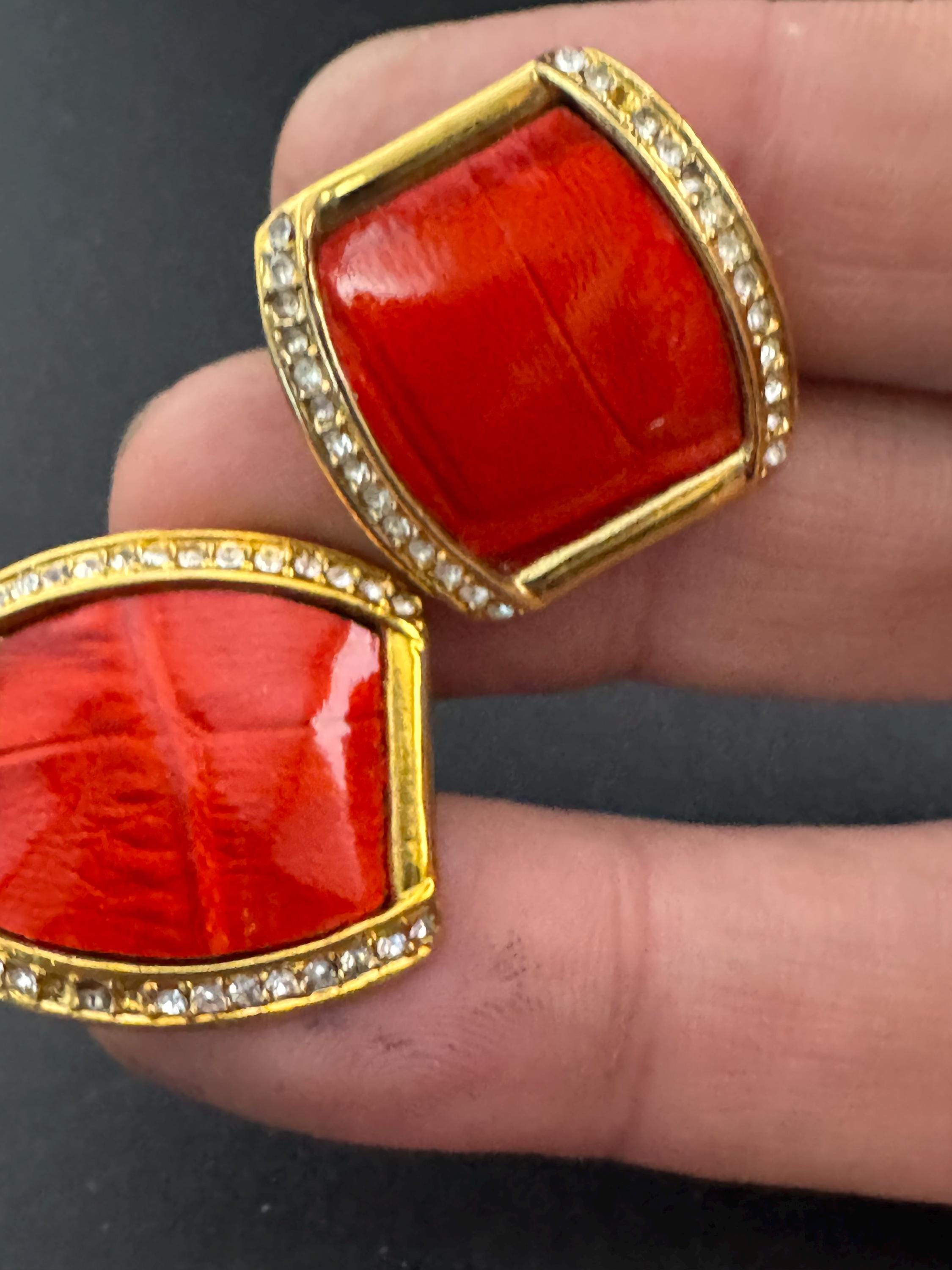 Signed Joan rivers red enamel square rhinestone stud earrings, gold plated