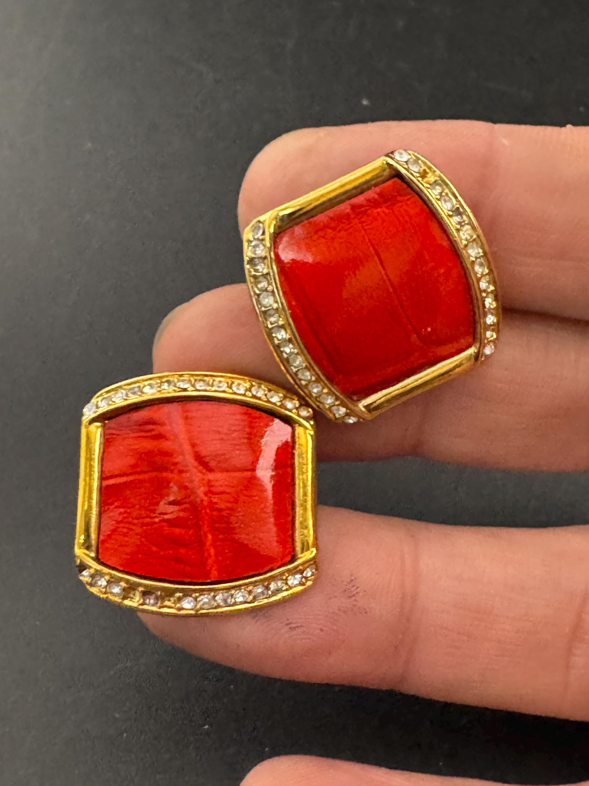 Signed Joan rivers red enamel square rhinestone stud earrings, gold plated