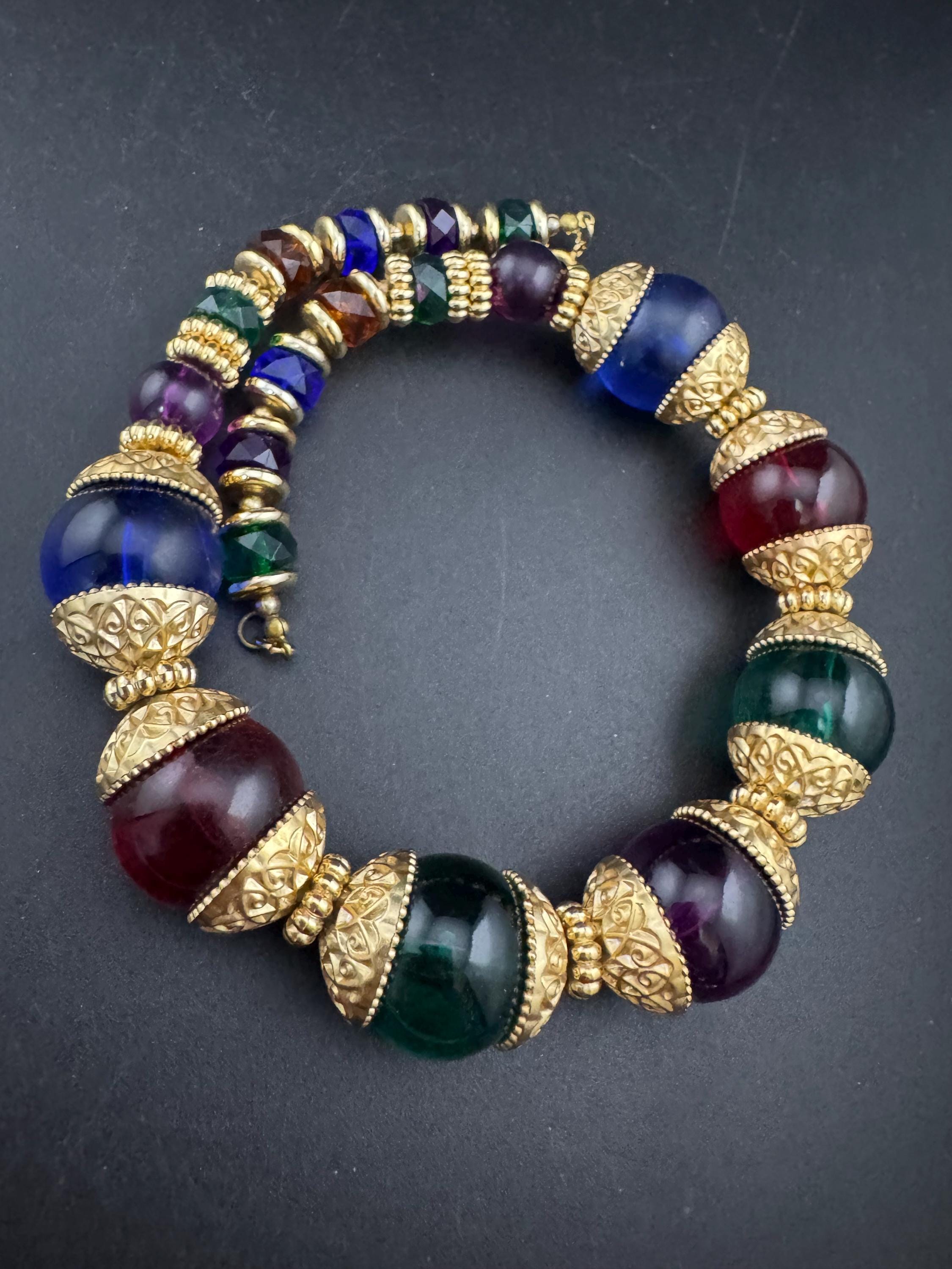 Vintage oversized red blue green acrylic bead statement necklace