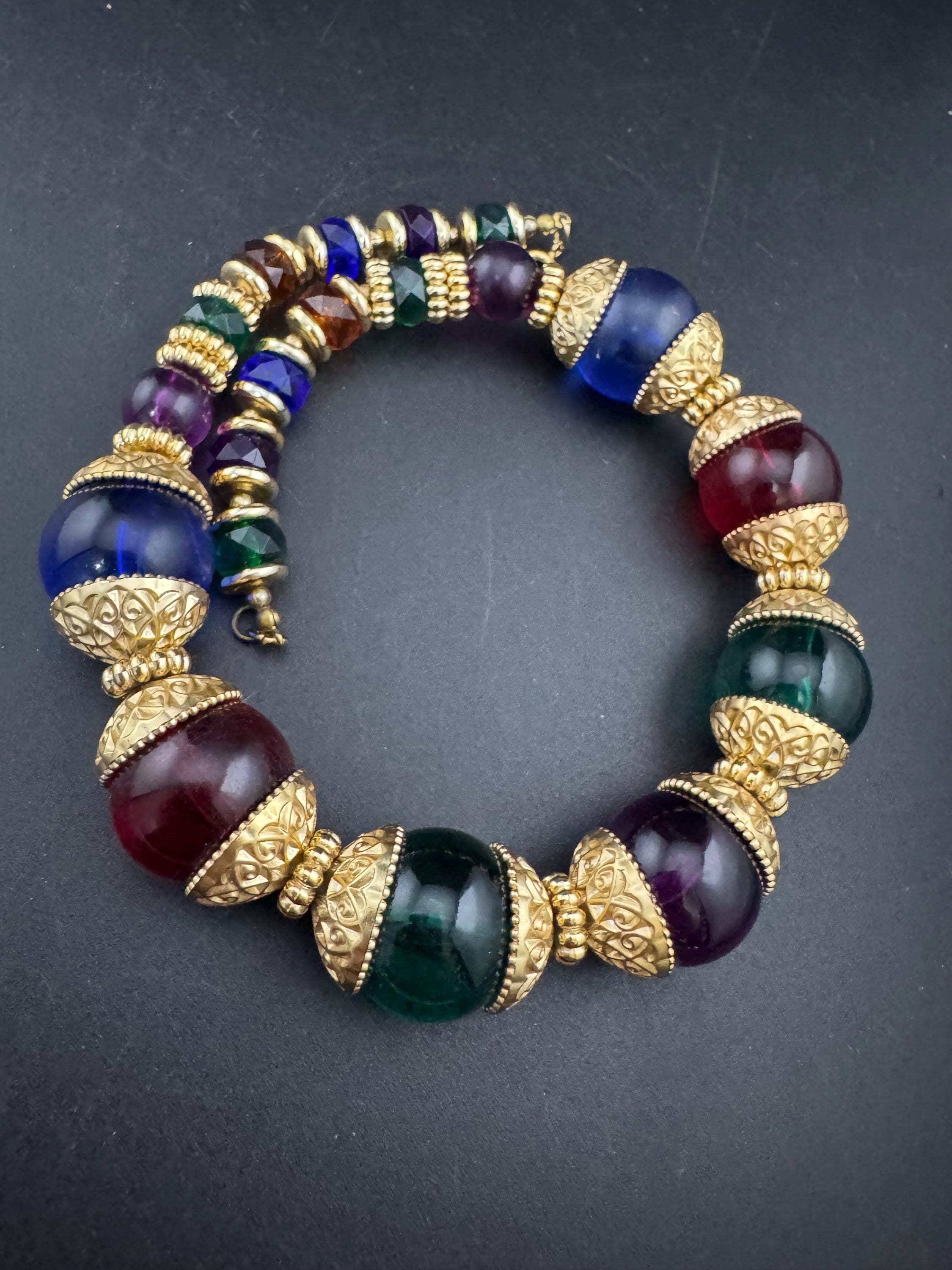 Vintage oversized red blue green acrylic bead statement necklace