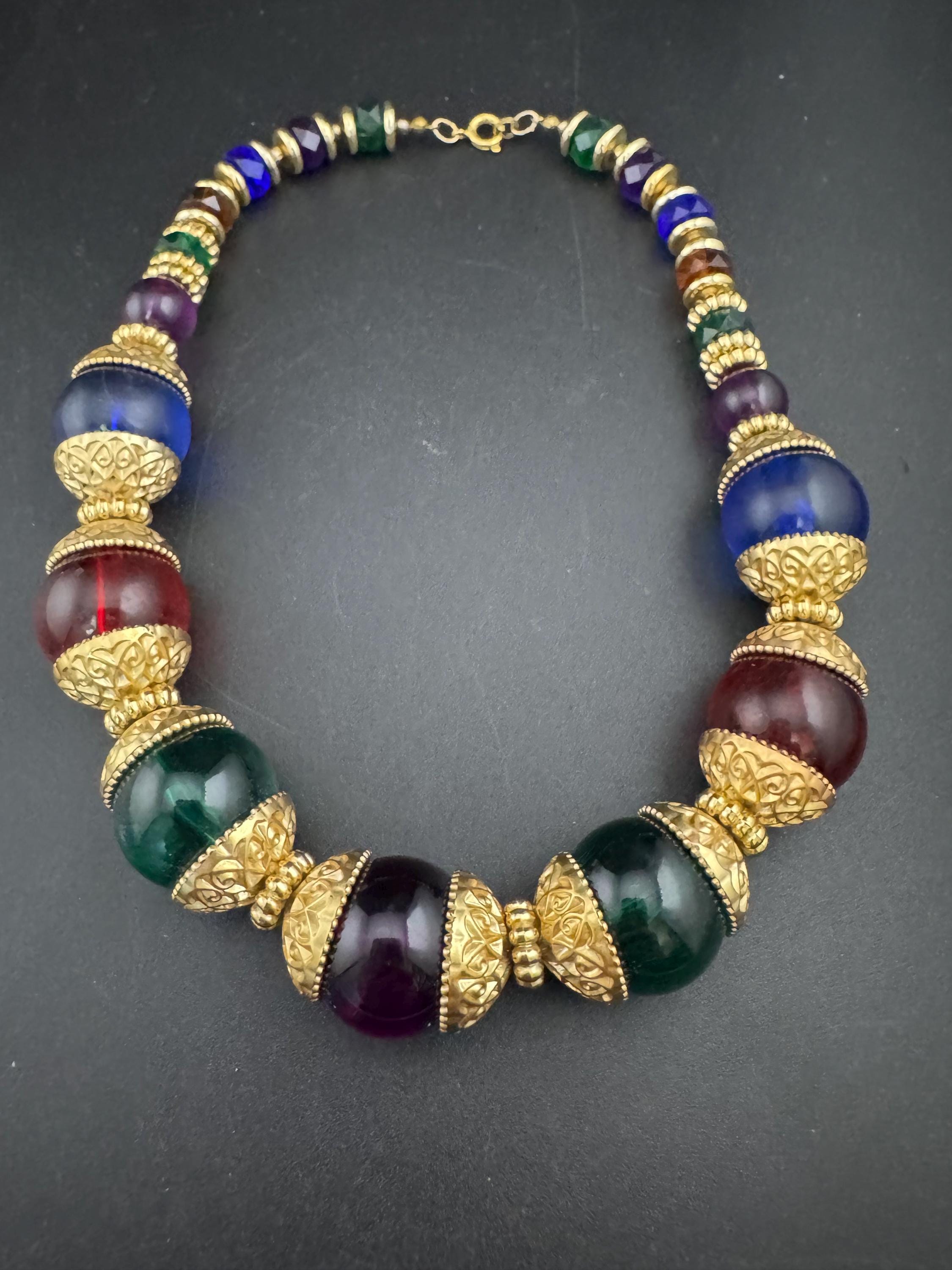 Vintage oversized red blue green acrylic bead statement necklace