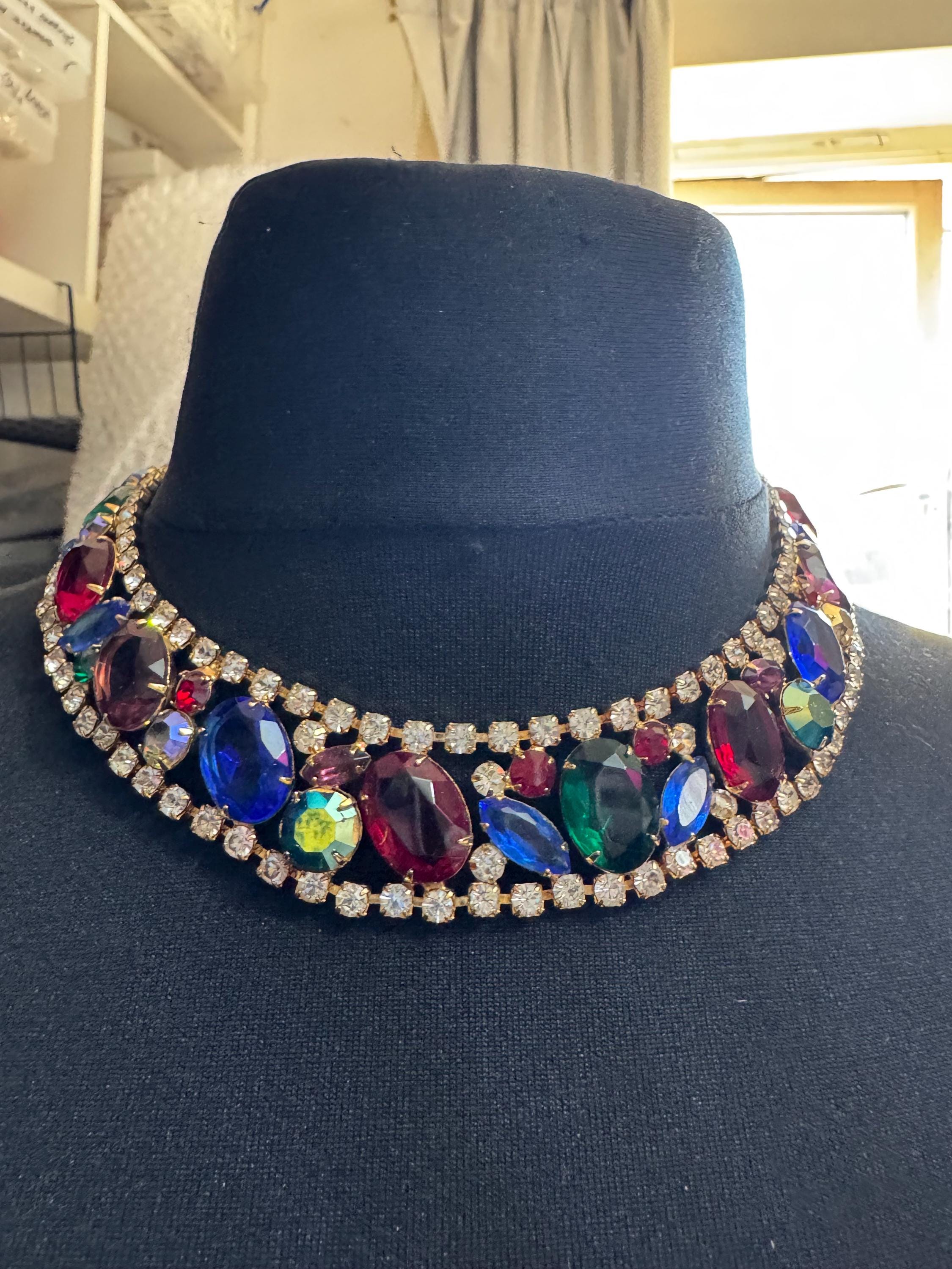 Vintage rainbow rhinestone wide gold choker necklace, red blue green open back