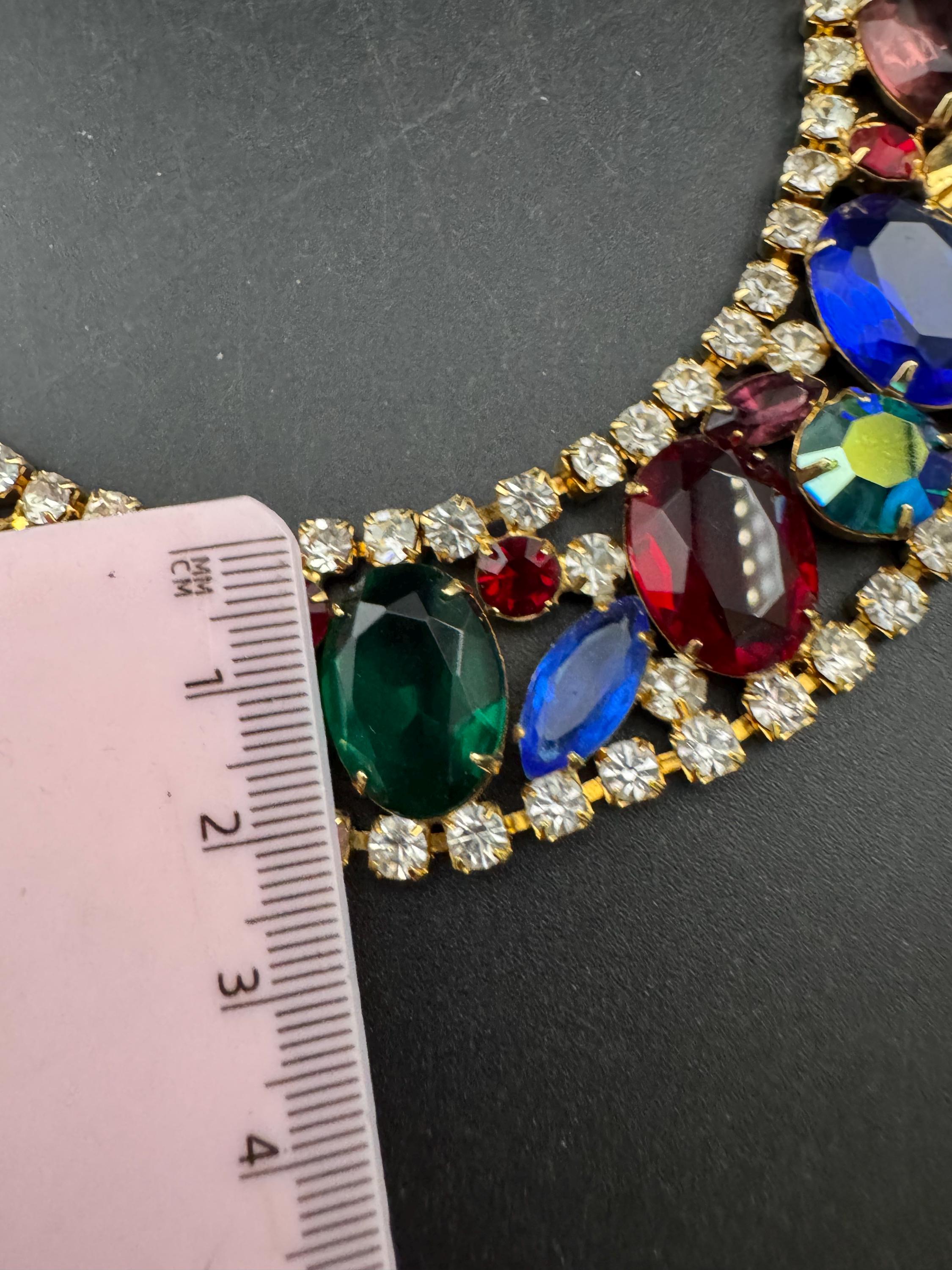 Vintage rainbow rhinestone wide gold choker necklace, red blue green open back