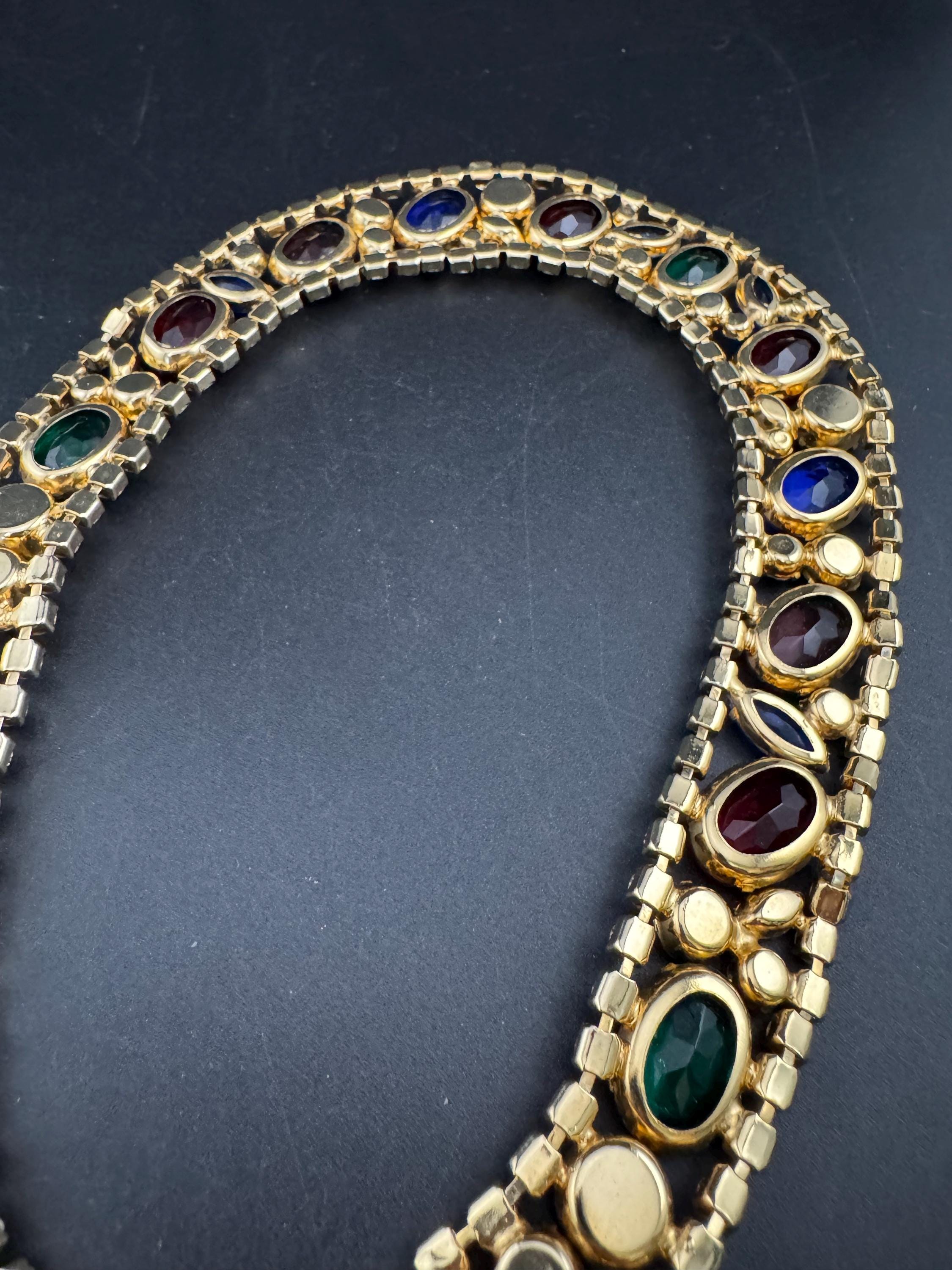 Vintage rainbow rhinestone wide gold choker necklace, red blue green open back