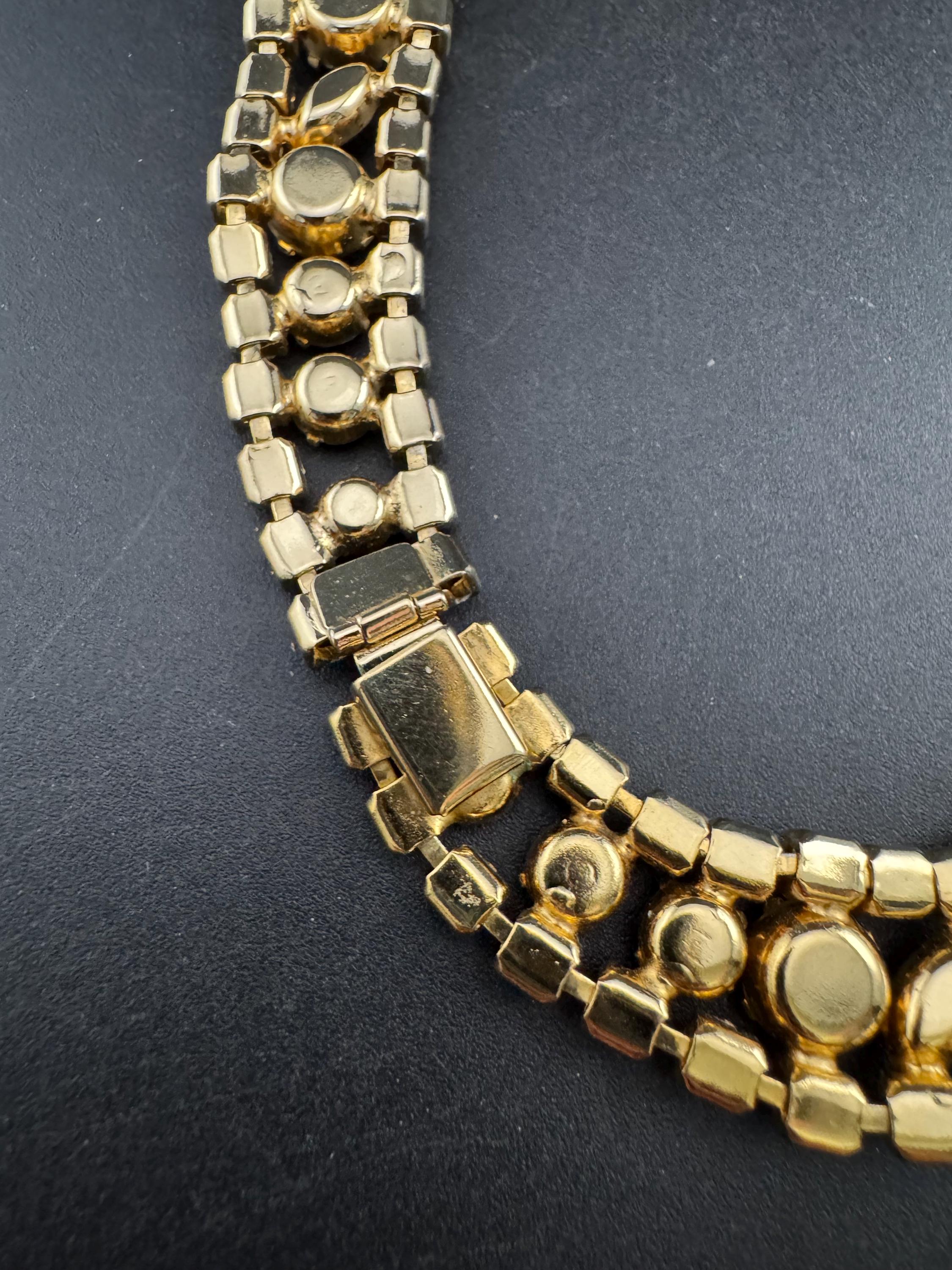 Vintage rainbow rhinestone wide gold choker necklace, red blue green open back