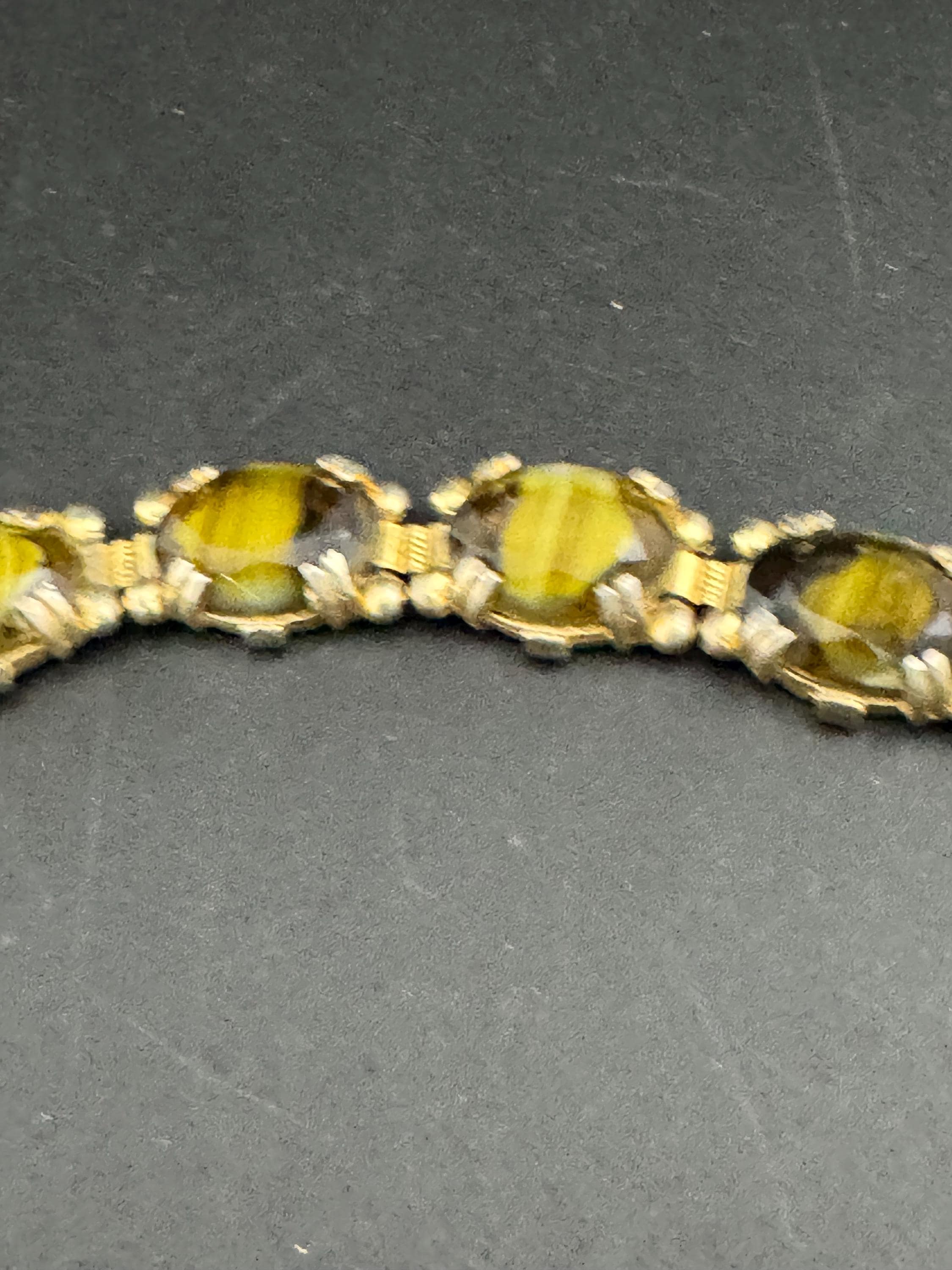 Vintage dark olive green Gold Tone panel link cocktail bracelet, givre glass marbled cabochons