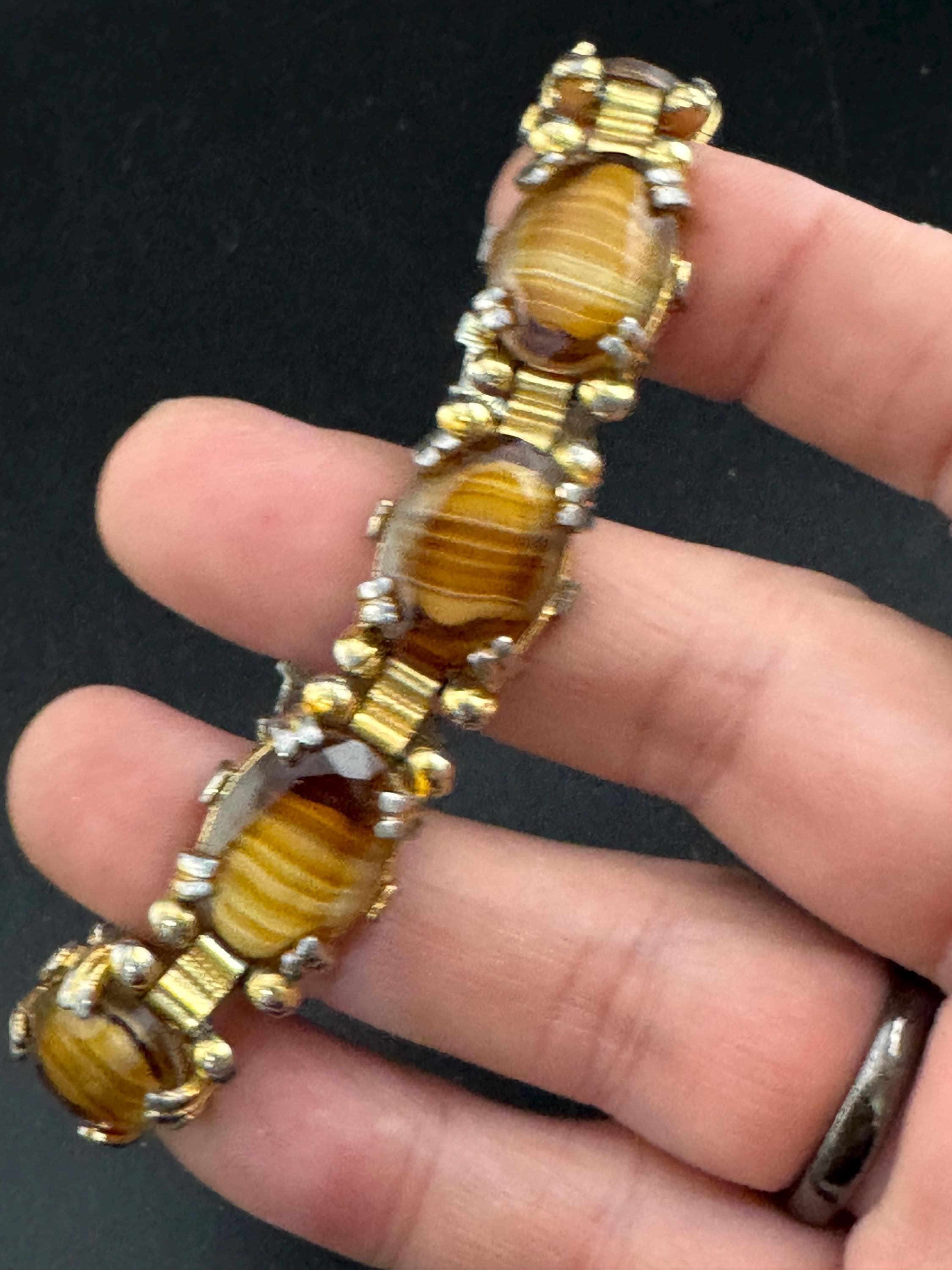 Vintage brown Gold Tone panel link cocktail bracelet, givre glass marbled cabochons