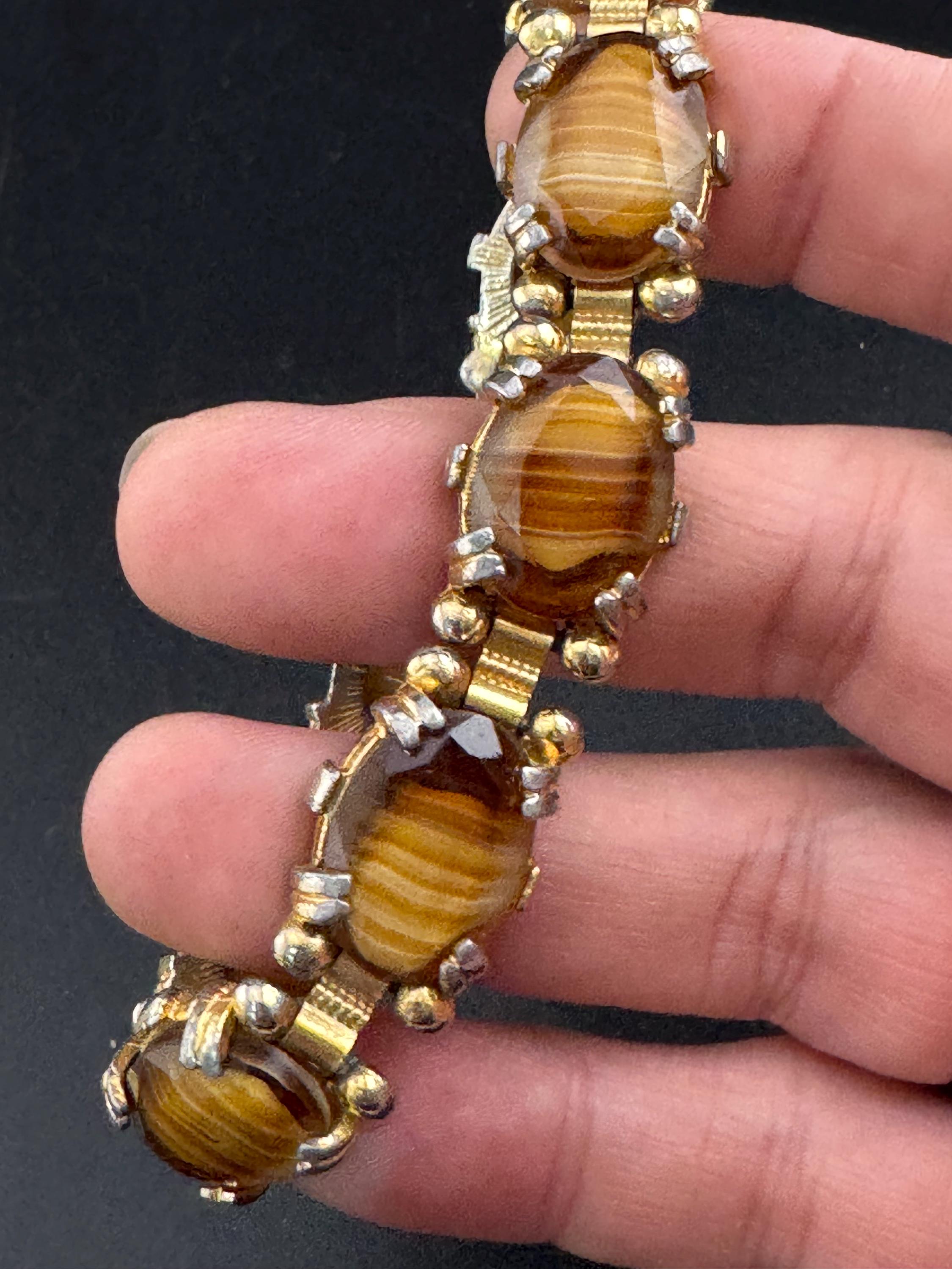 Vintage brown Gold Tone panel link cocktail bracelet, givre glass marbled cabochons