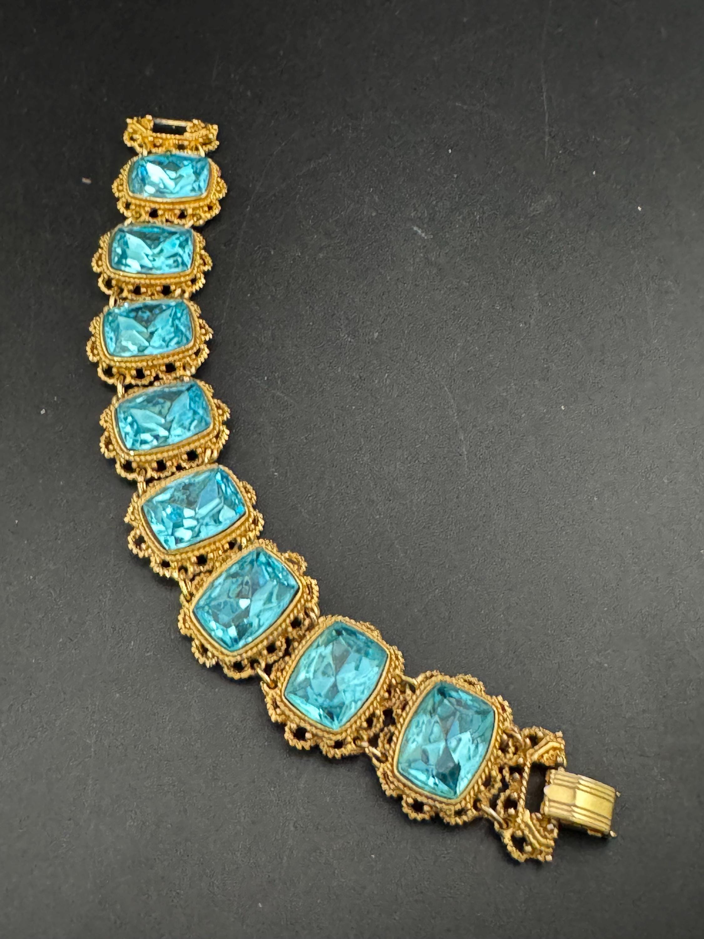 Vintage gold and turquoise diamanté wide flat bracelet, octagon stones