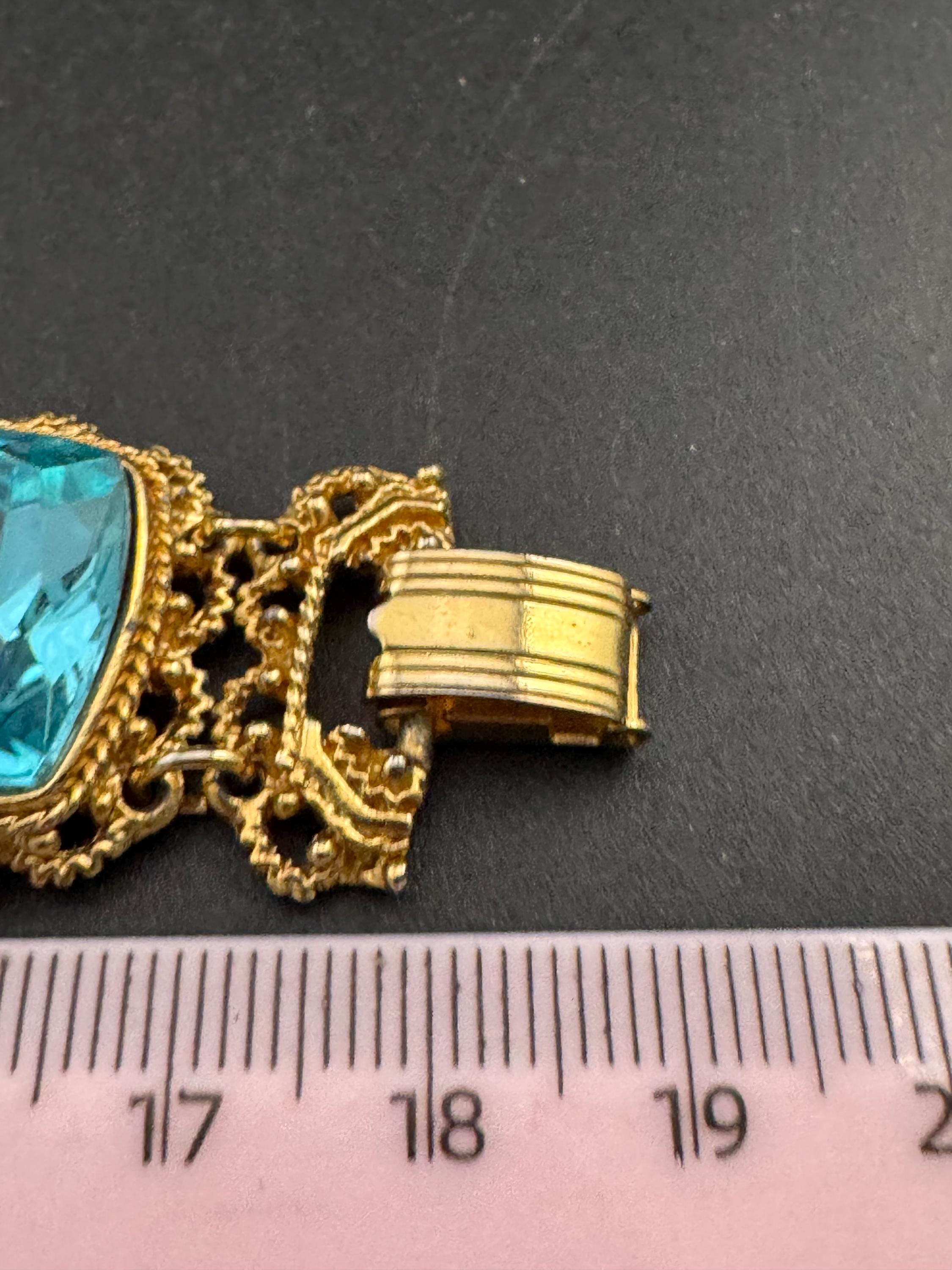 Vintage gold and turquoise diamanté wide flat bracelet, octagon stones