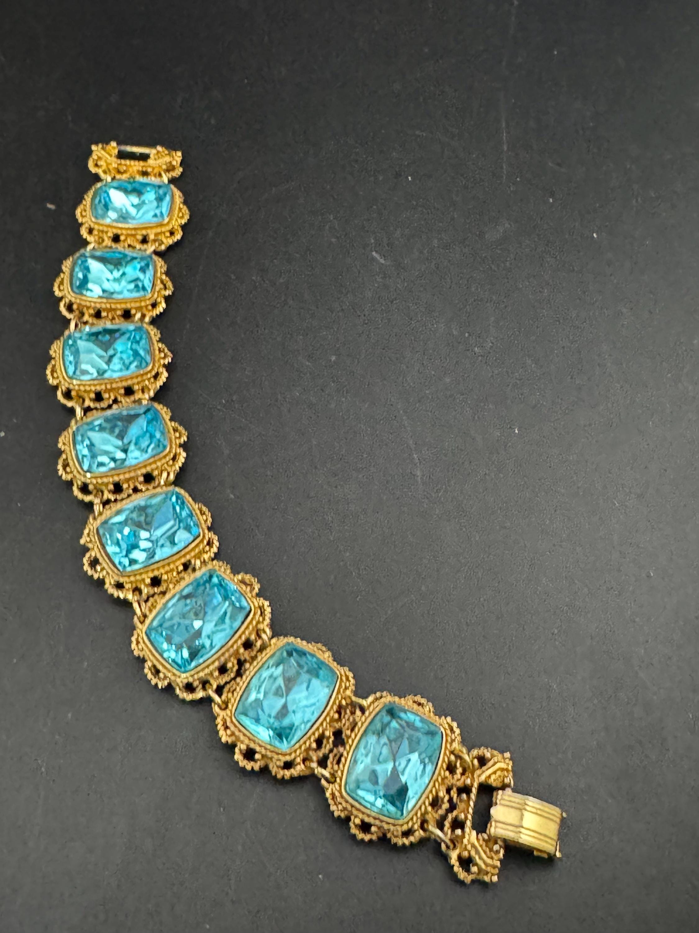 Vintage gold and turquoise diamanté wide flat bracelet, octagon stones