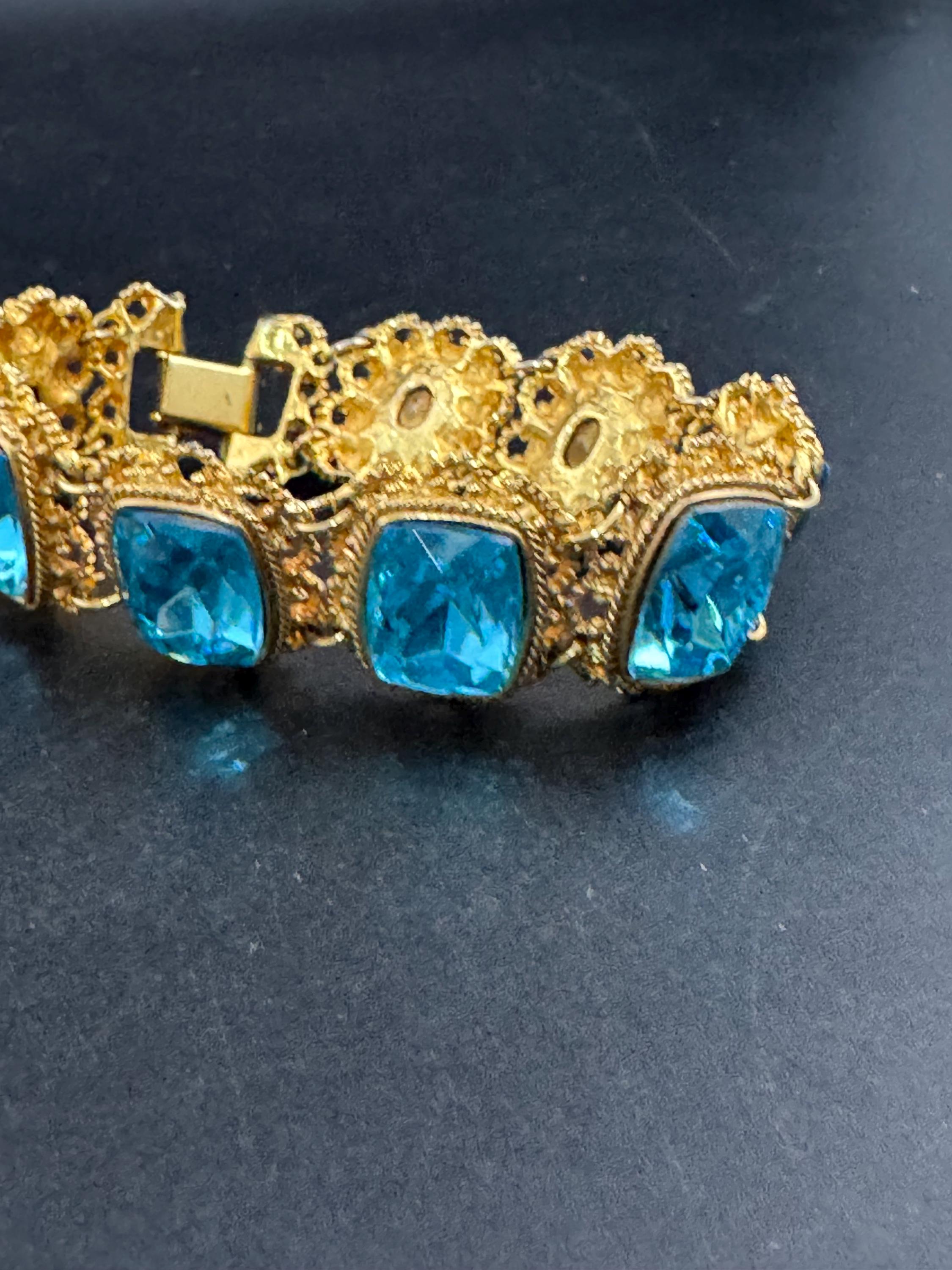 Vintage gold and turquoise diamanté wide flat bracelet, octagon stones