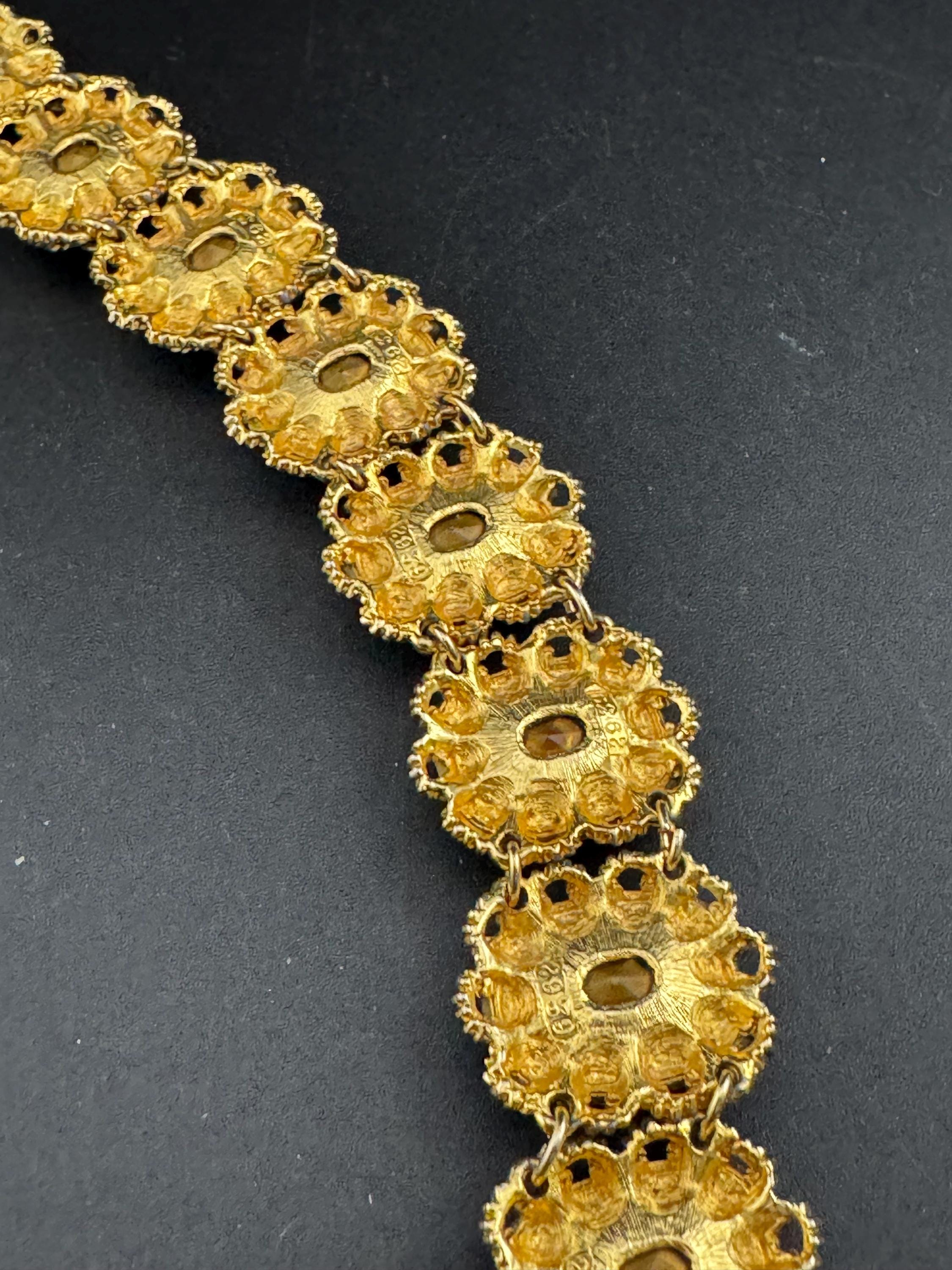 Vintage gold and turquoise diamanté wide flat bracelet, octagon stones