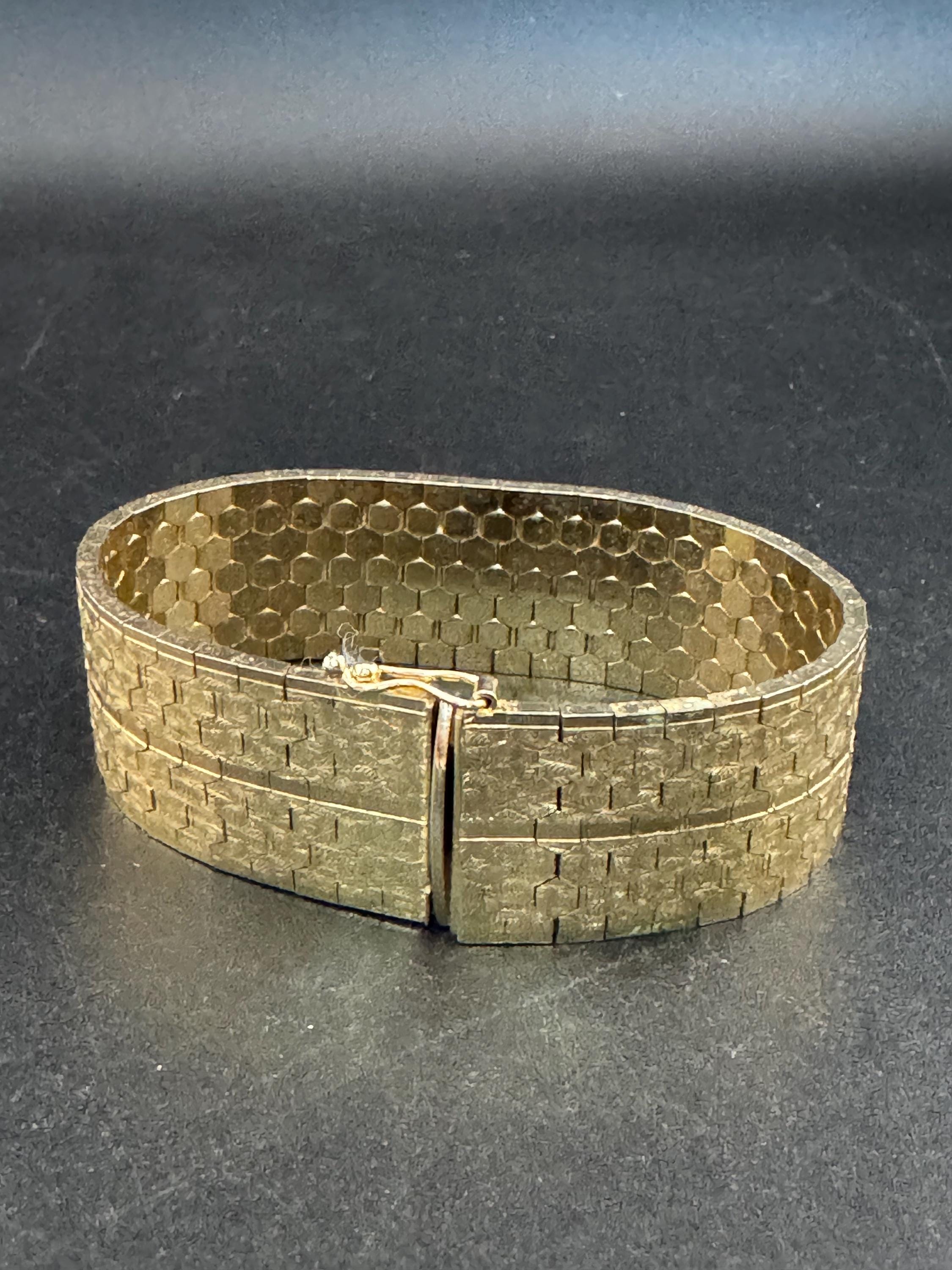 1970s 18k GP flat 22mm wide articulated cuff bracelet, Italian gold plated