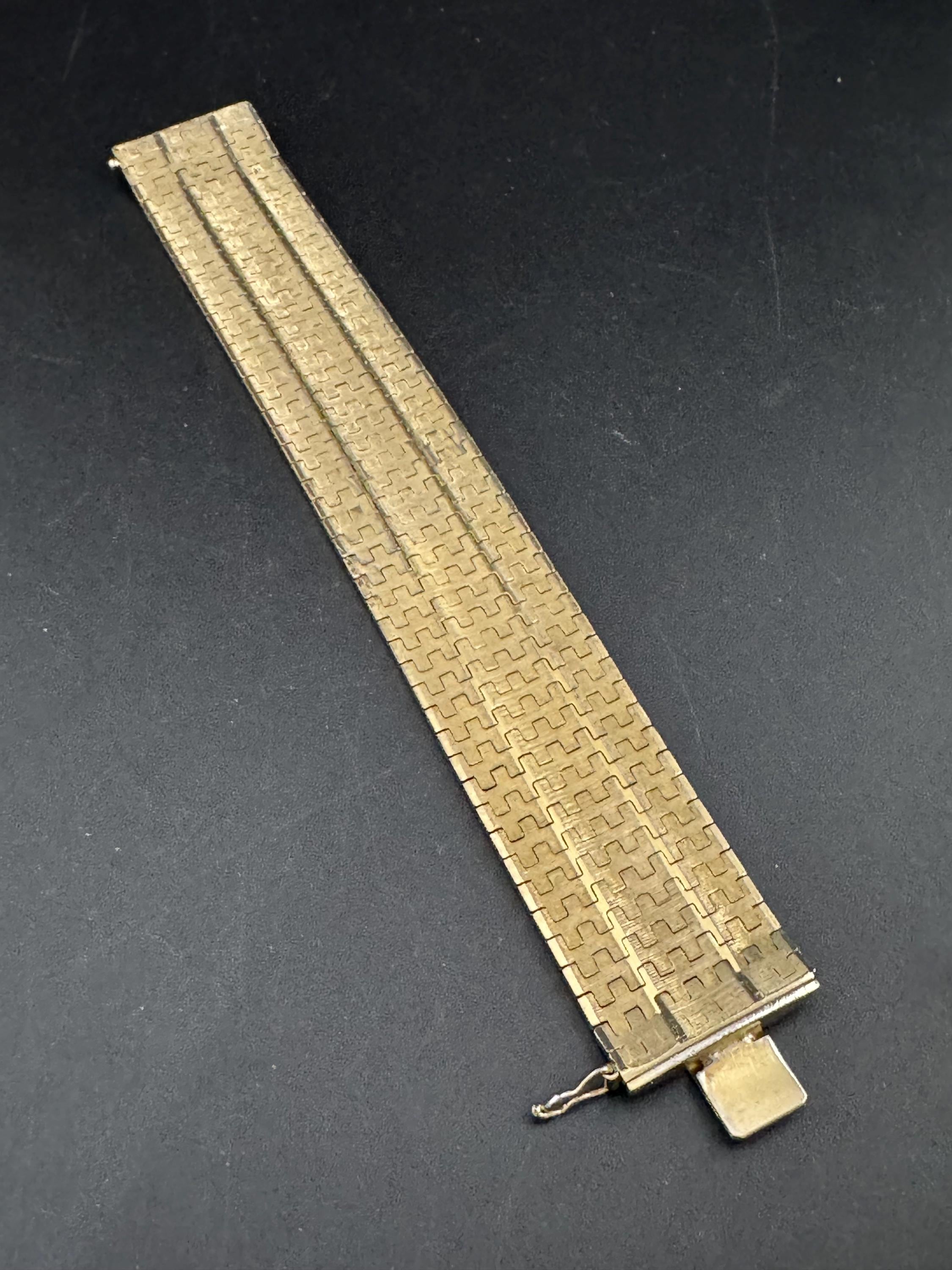 1970s 18k GP flat 28mm wide articulated cuff bracelet, Italian gold plated