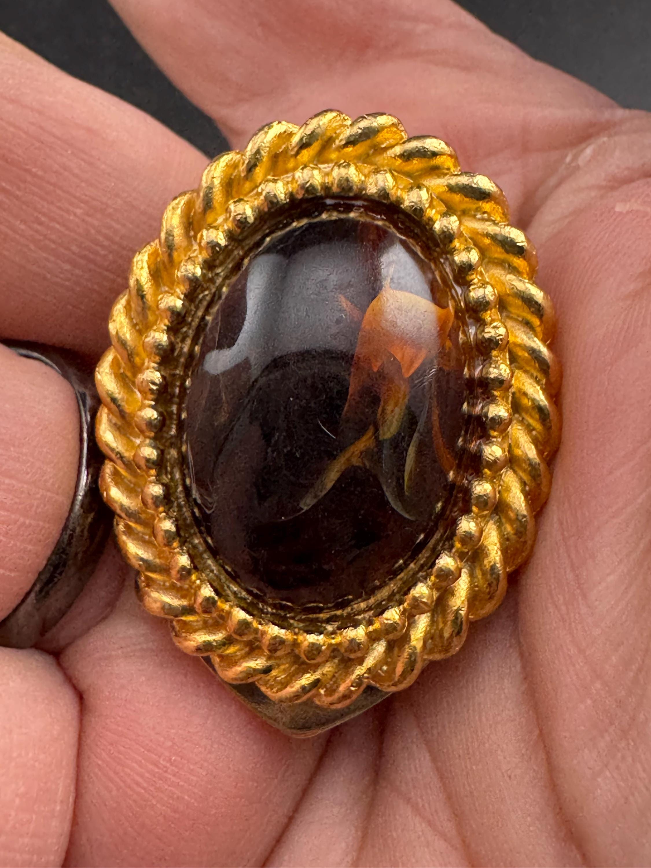 Gold rope edge brown cabochon Oval Scarf ring , unused 1980s