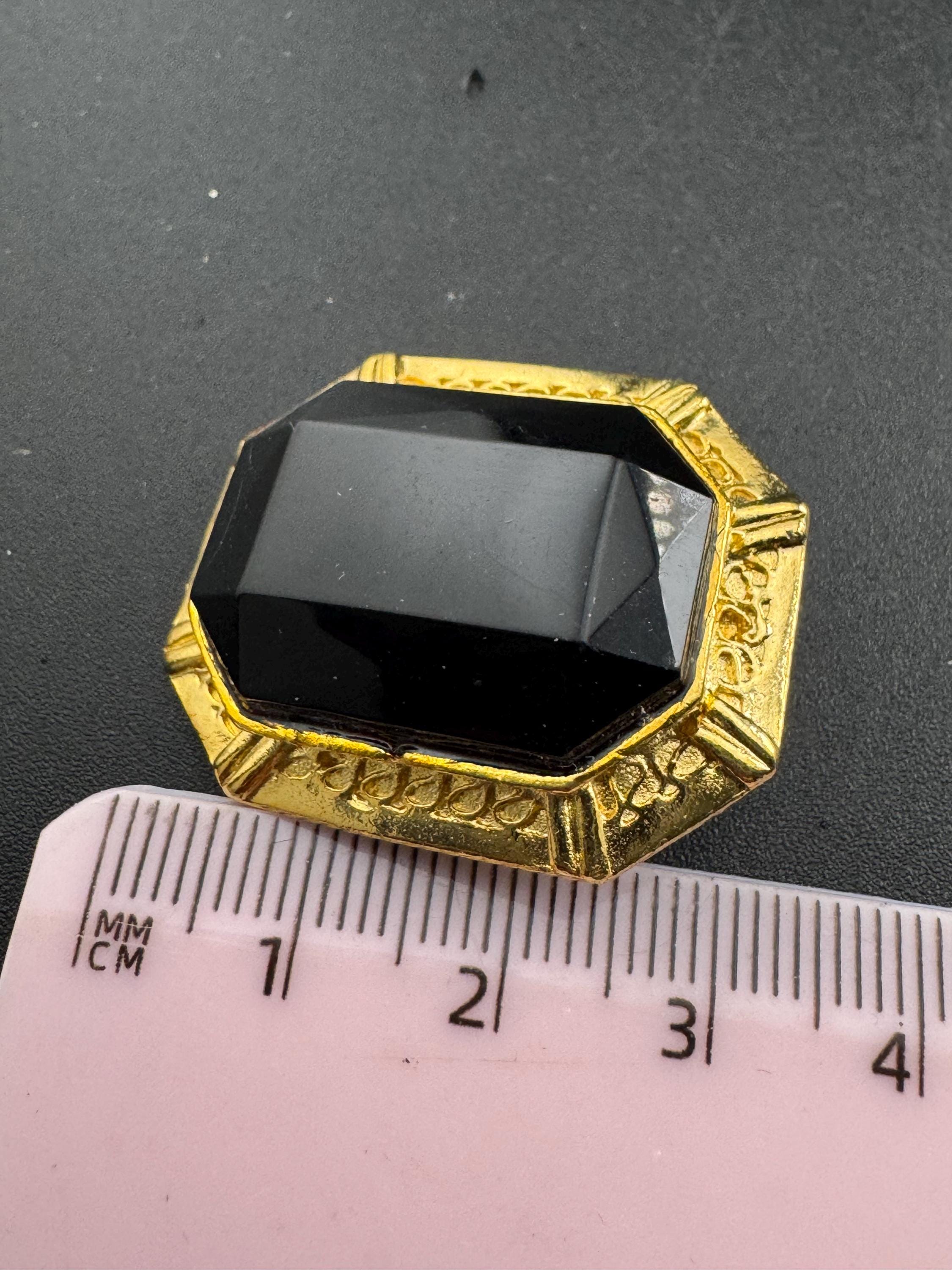 Gold plated black octagon clip on earrings, vintage oversized 3cm 1980s