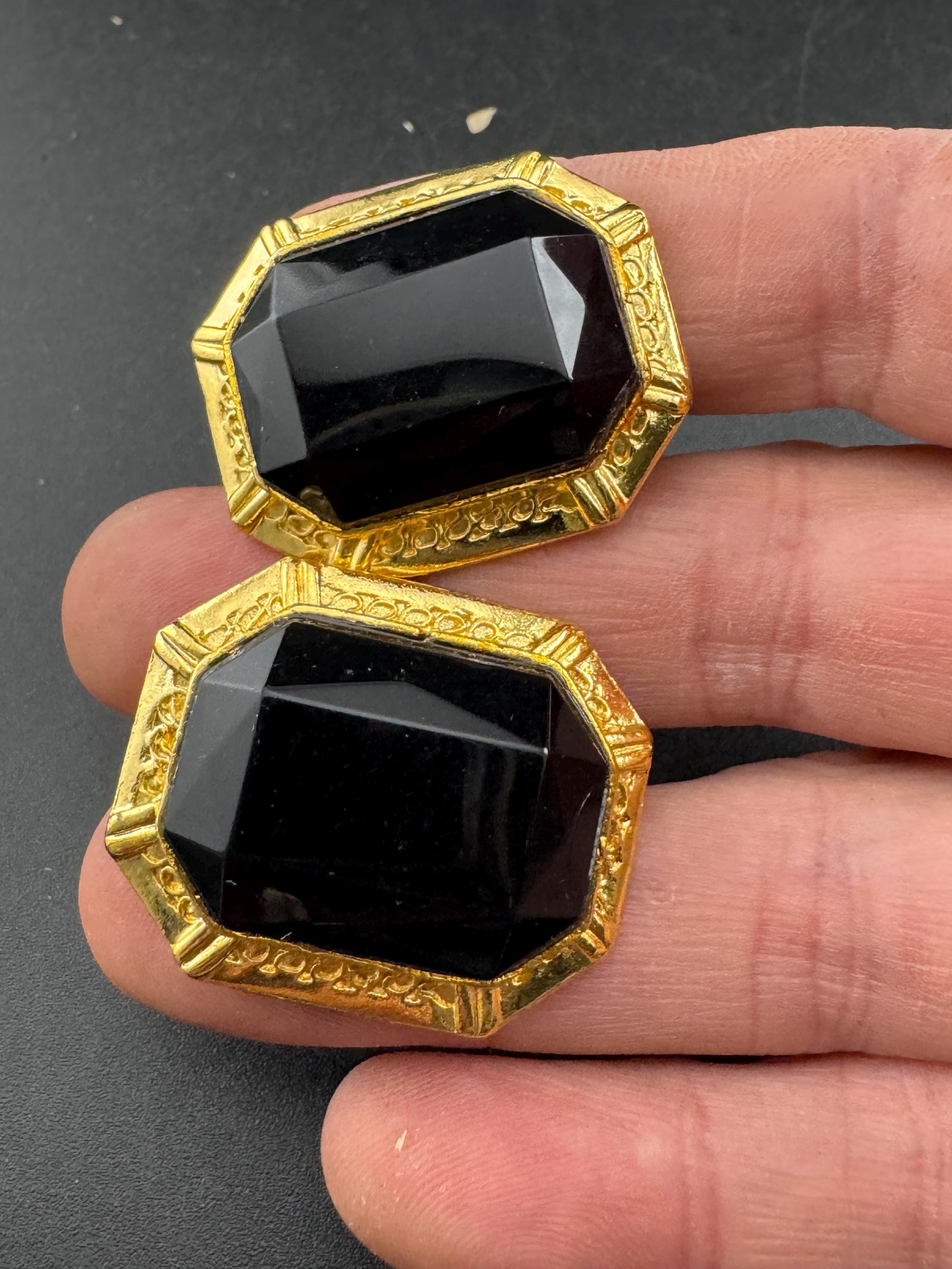 Gold plated black octagon clip on earrings, vintage oversized 3cm 1980s