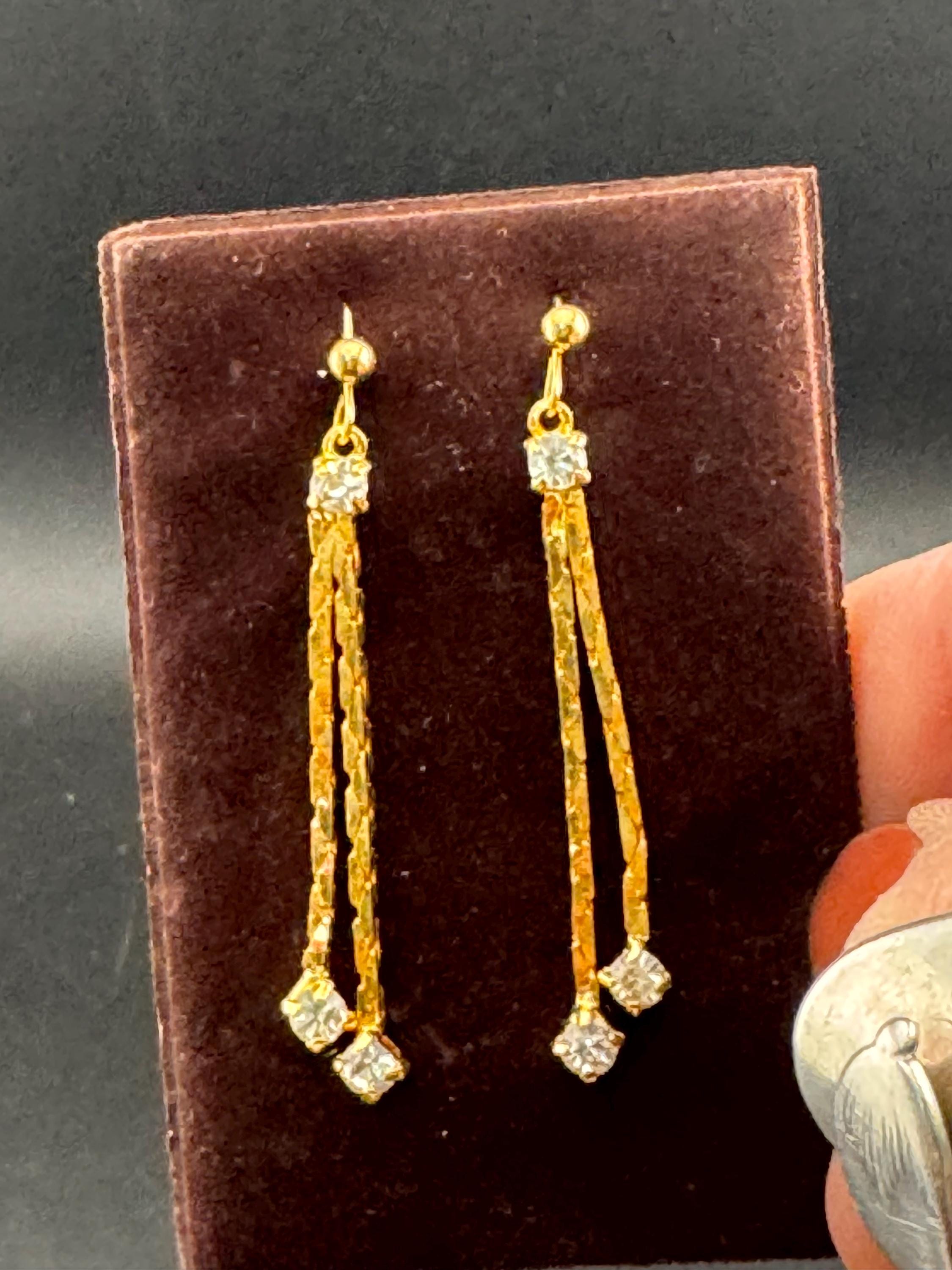 Vintage gold diamanté chain dangly earrings, 1970s unused for pierced ears