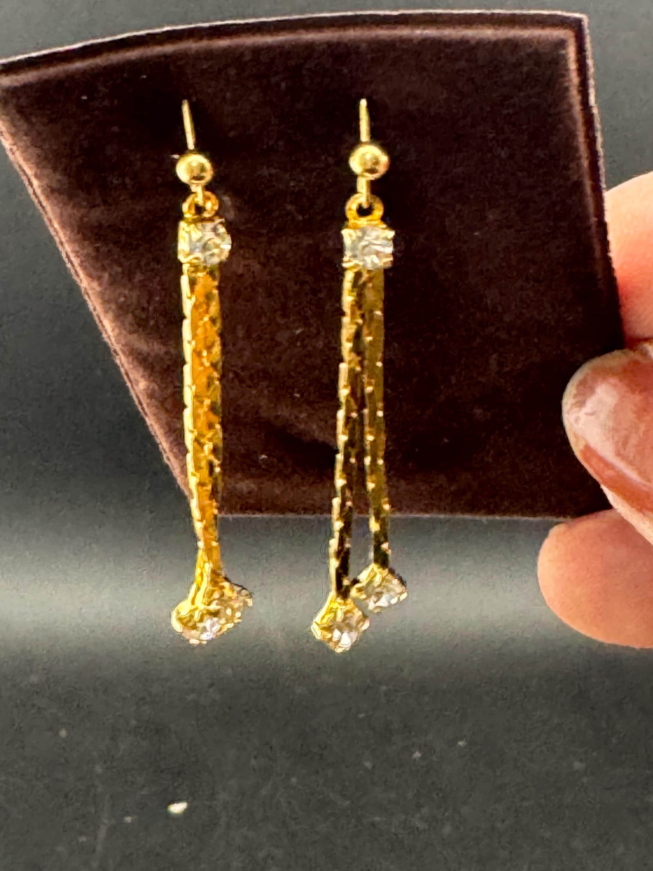 Vintage gold diamanté chain dangly earrings, 1970s unused for pierced ears