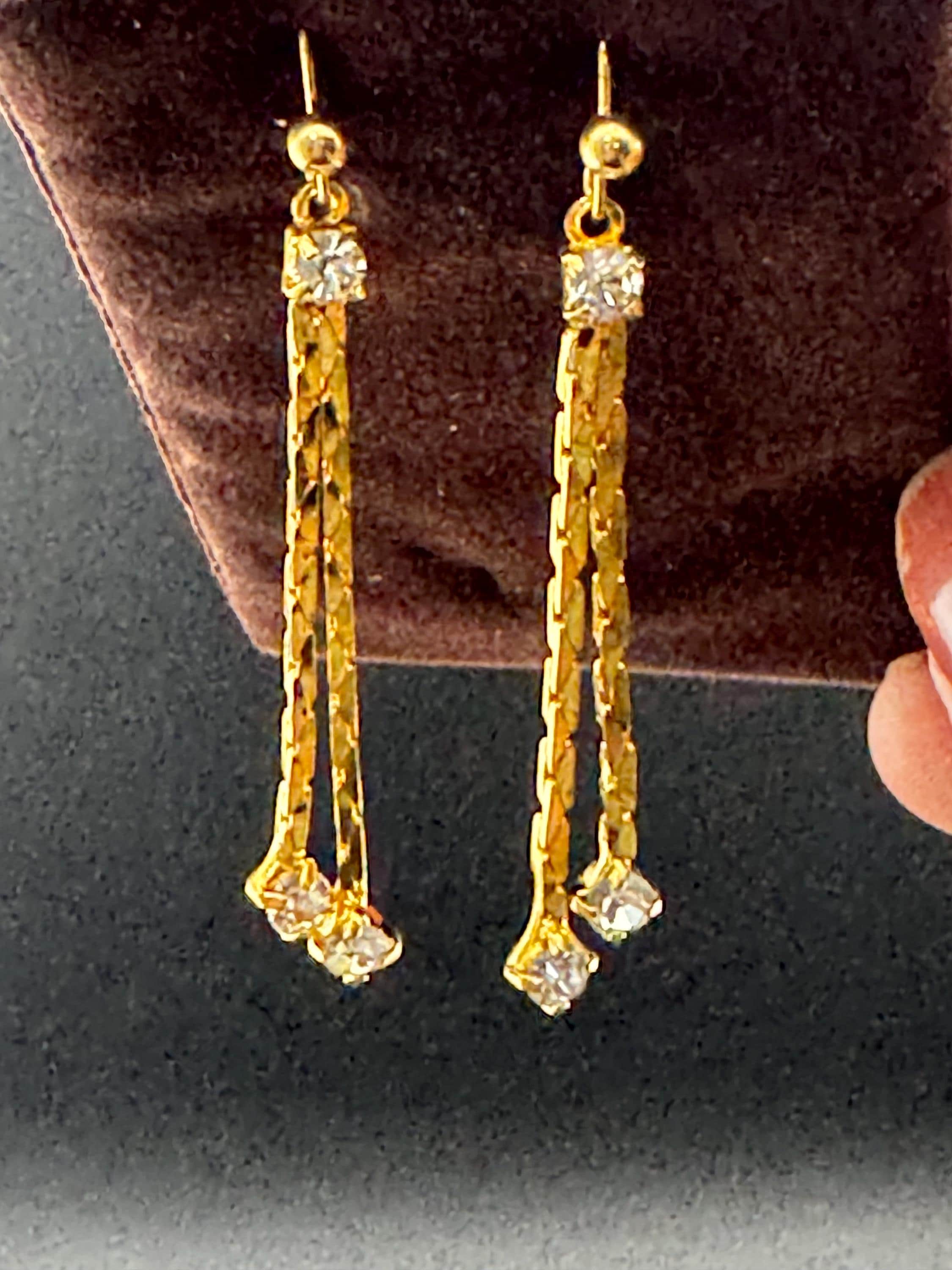 Vintage gold diamanté chain dangly earrings, 1970s unused for pierced ears