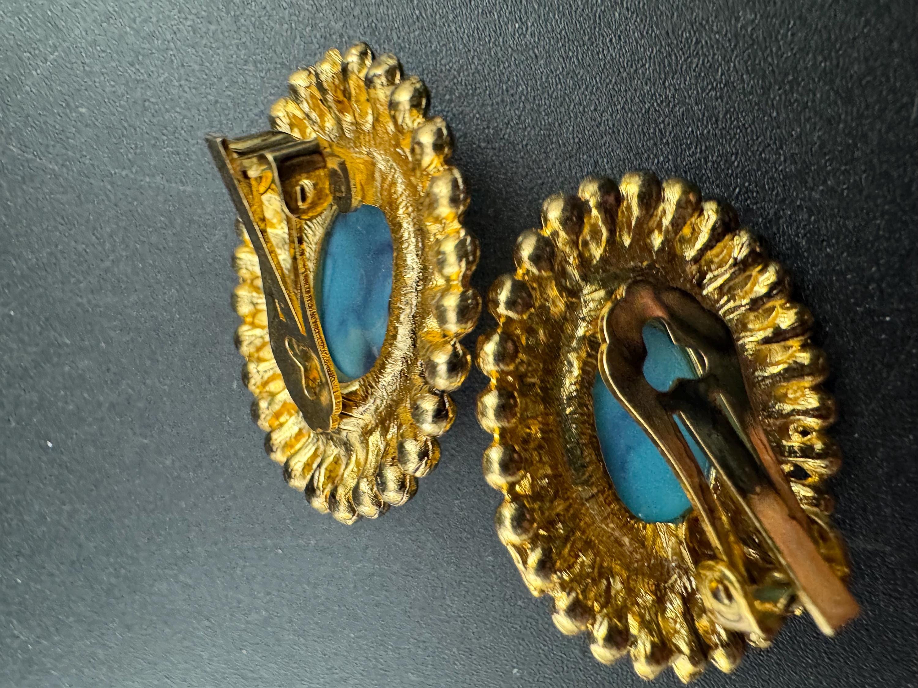 vintage Gold Turquoise blue cabochon rope twist oval clip on earrings, 1980s nautical unused