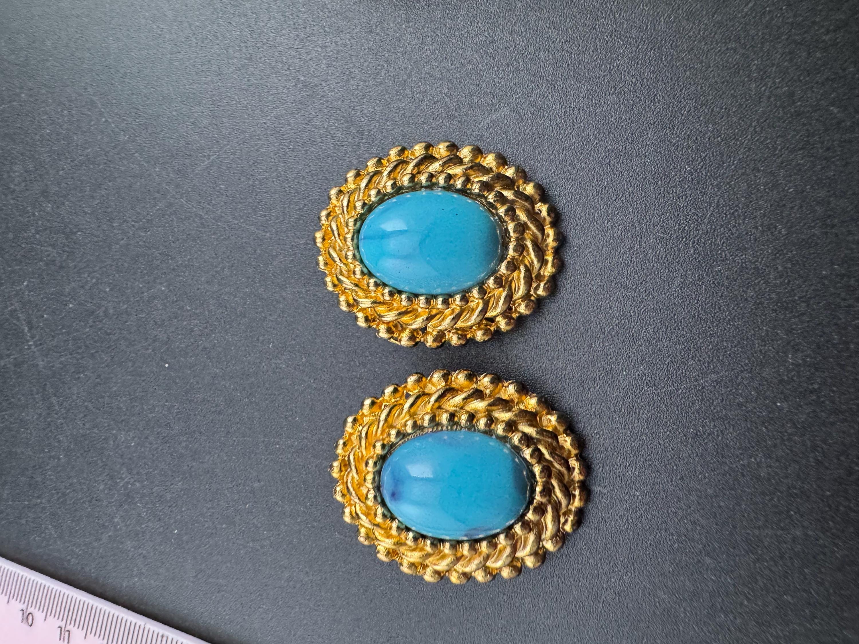 vintage Gold Turquoise blue cabochon rope twist oval clip on earrings, 1980s nautical unused