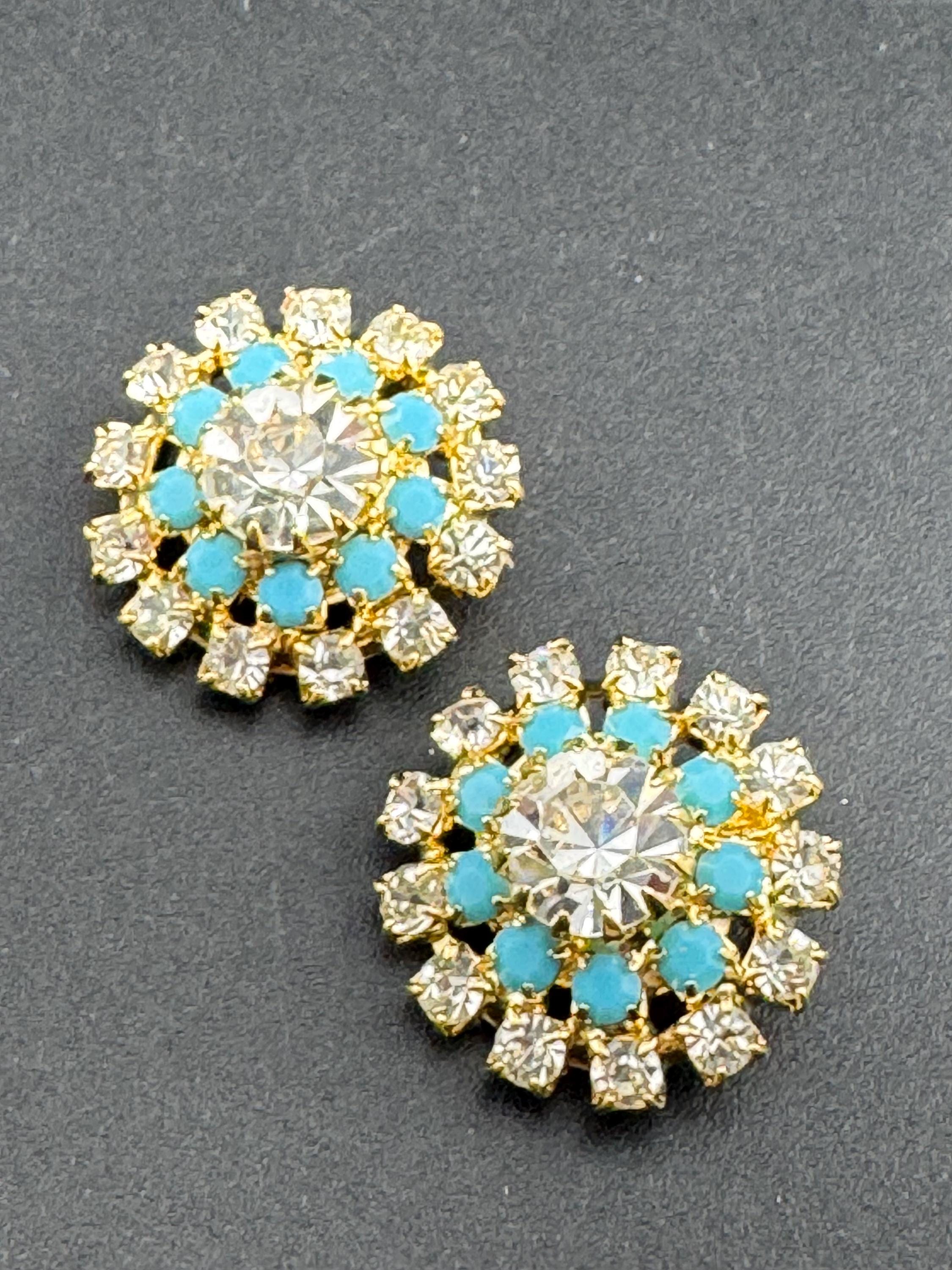 vintage diamanté gold   and turquoise round clip on earrings, unused and super sparkly