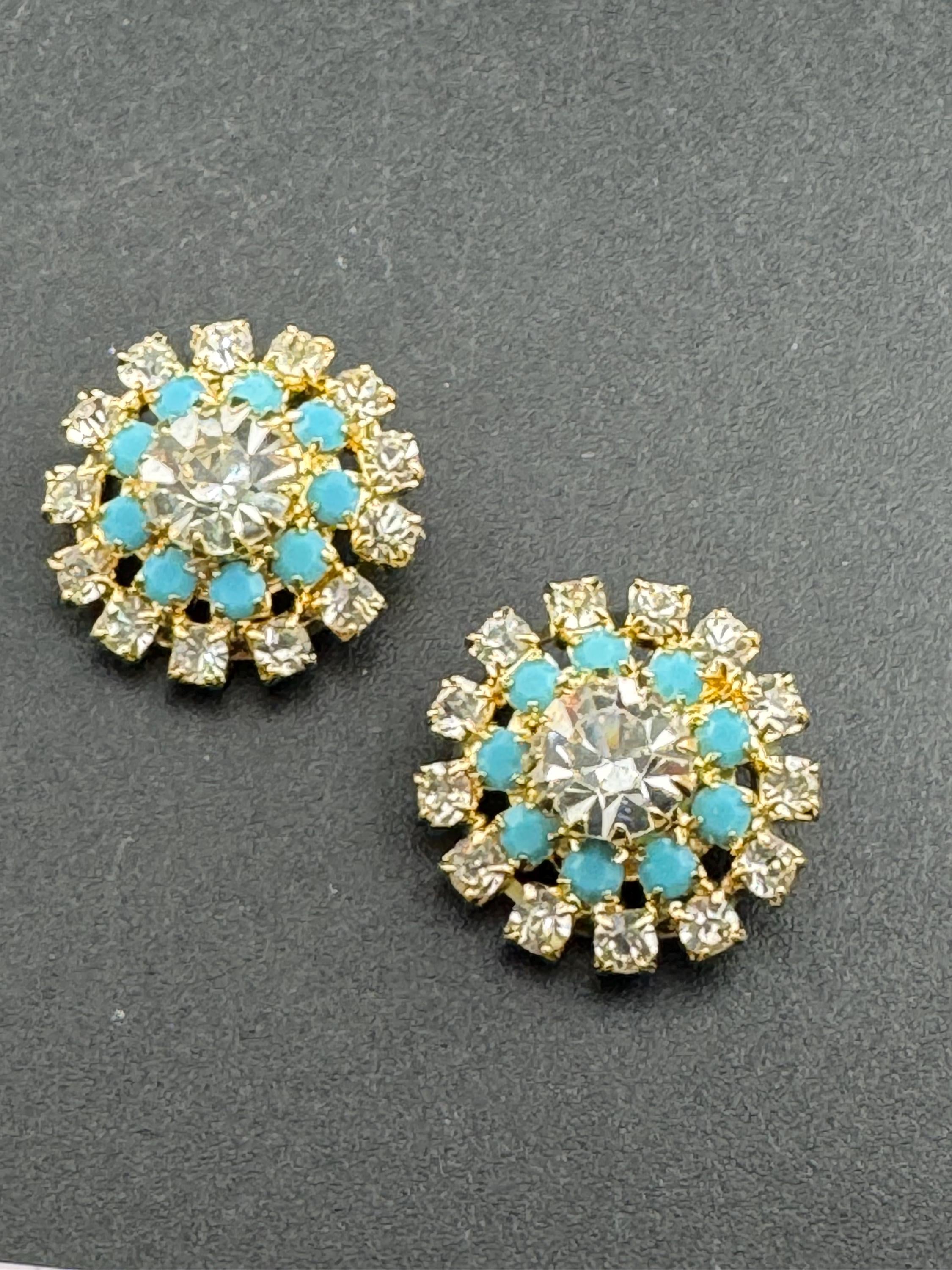 vintage diamanté gold   and turquoise round clip on earrings, unused and super sparkly
