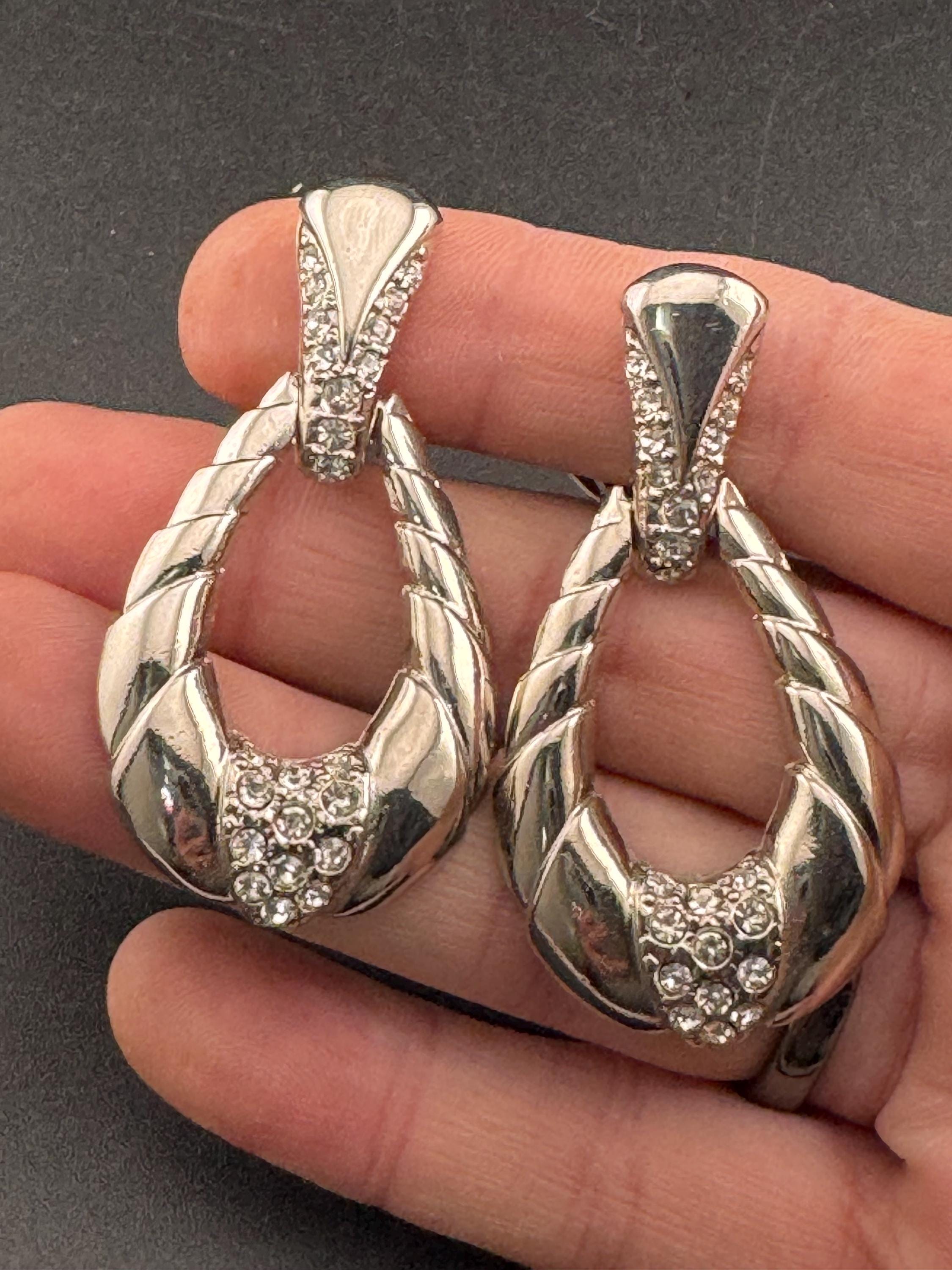 Vintage oversized diamanté silver tone clip on earrings,  door knocker design 5.5cm