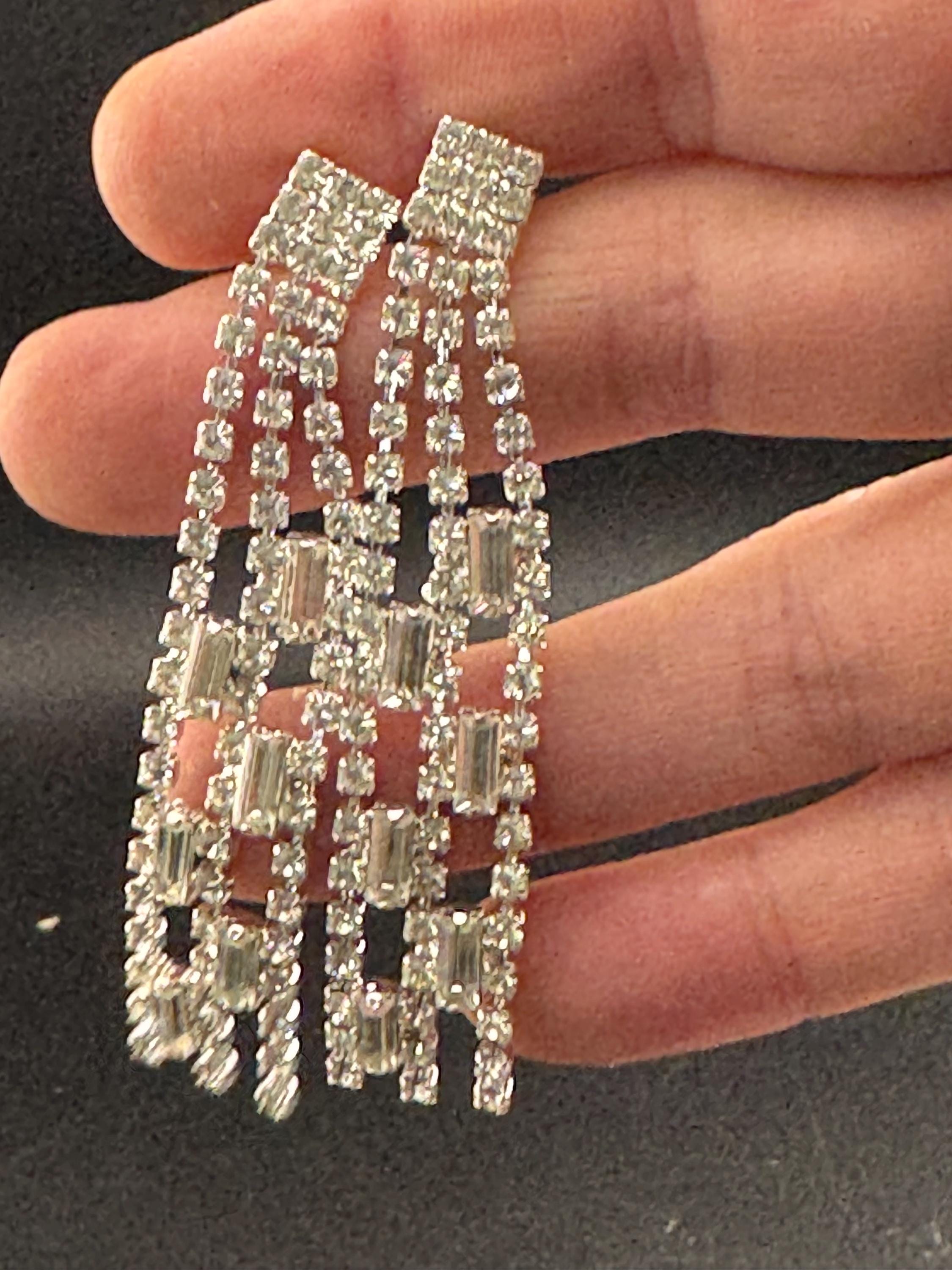 Clear diamanté waterfall long dangly 7cm pierced drop earrings , silver tone glass crystal