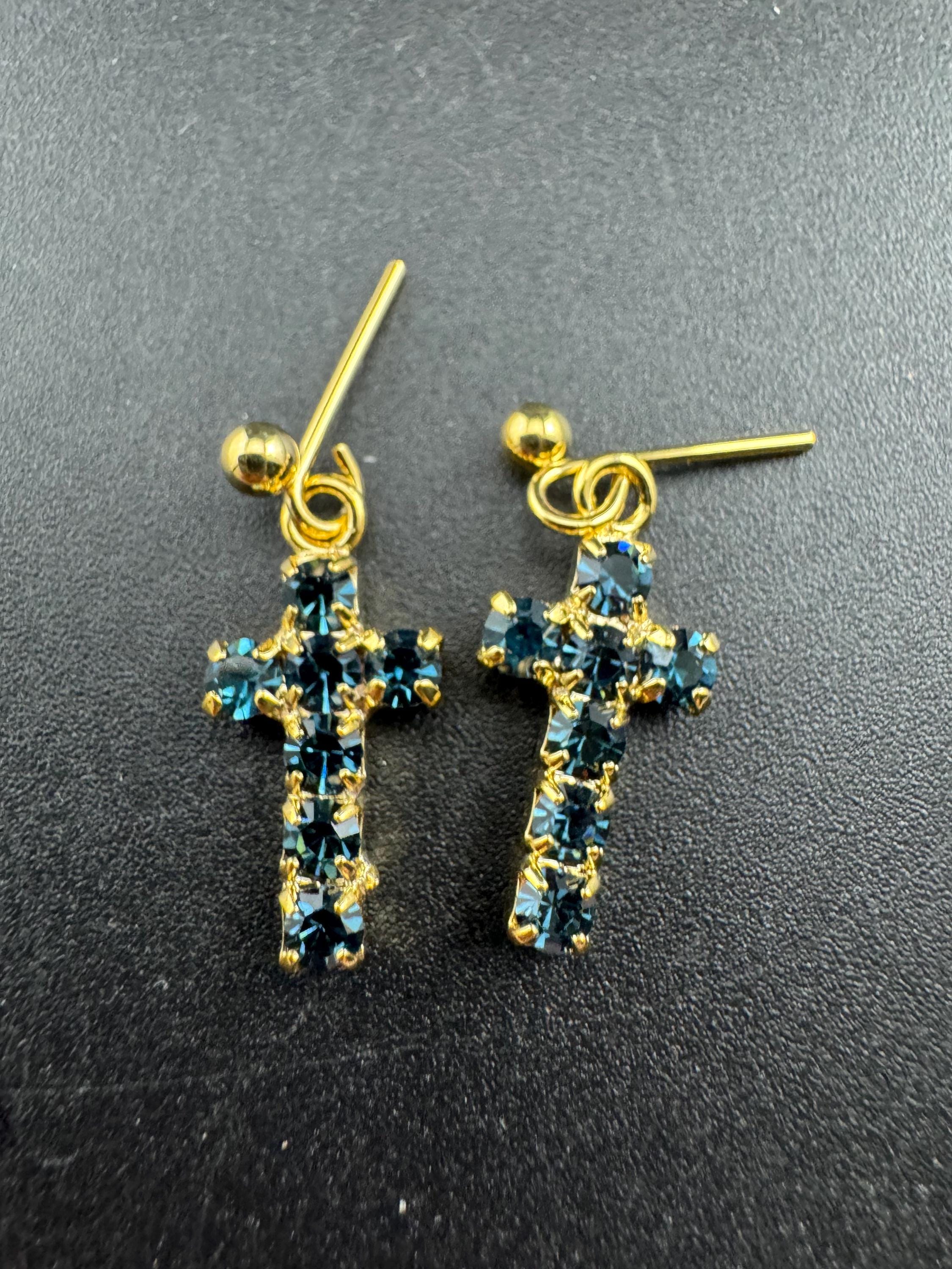vintage dainty sapphire blue diamanté cross earrings, gold tone pierced drops