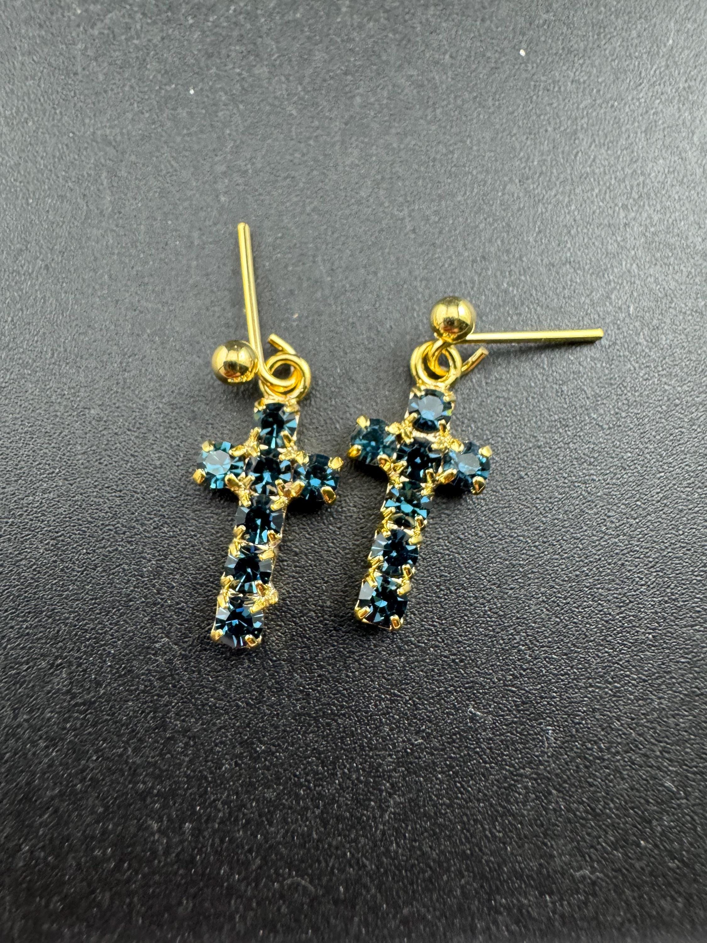 vintage dainty sapphire blue diamanté cross earrings, gold tone pierced drops