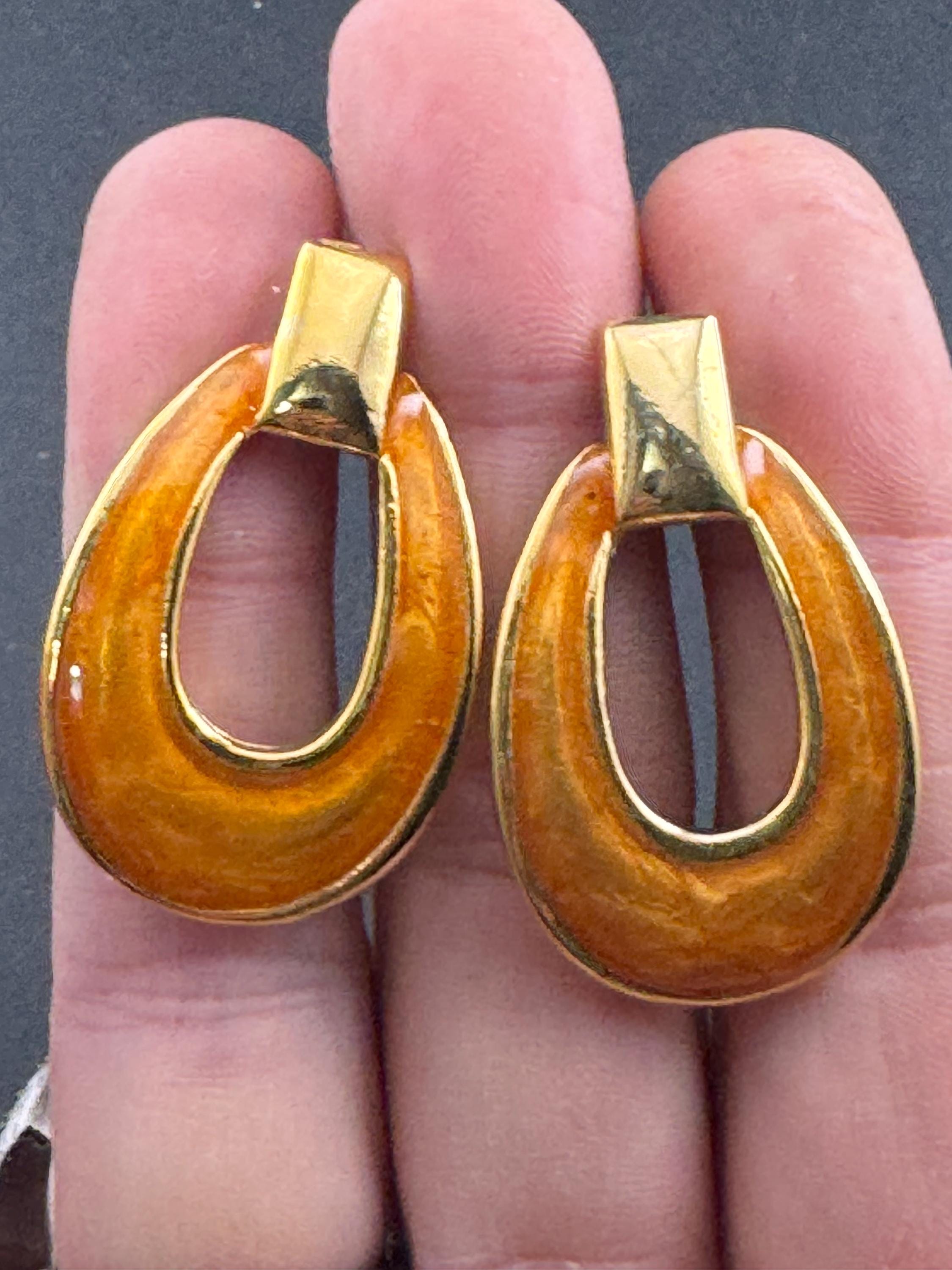 Tan orange brown enamel door knocker drop earrings, pierced gold tone
