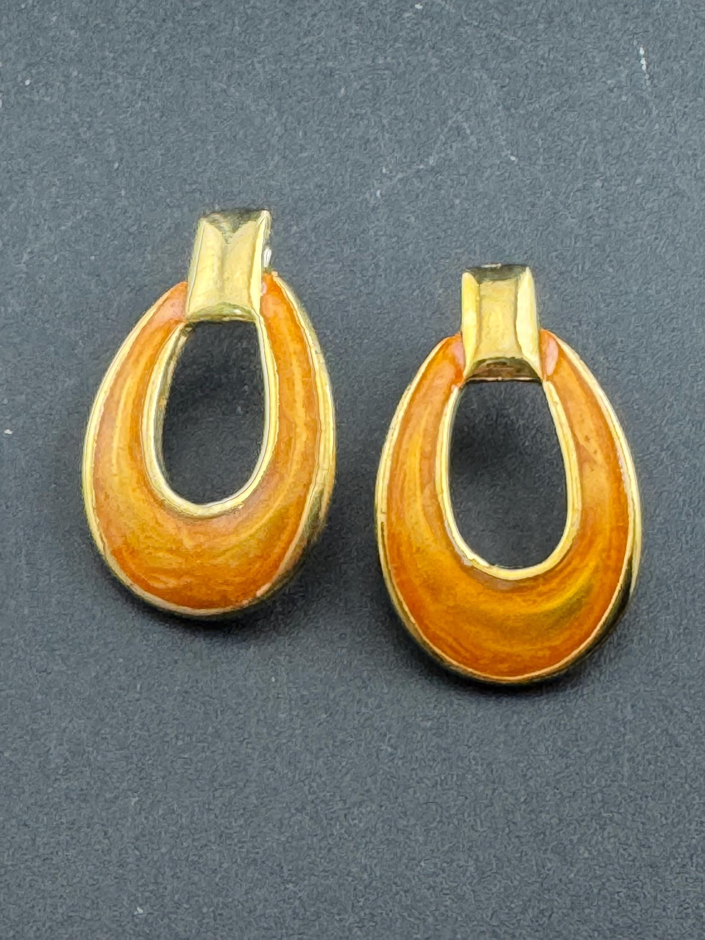 Tan orange brown enamel door knocker drop earrings, pierced gold tone