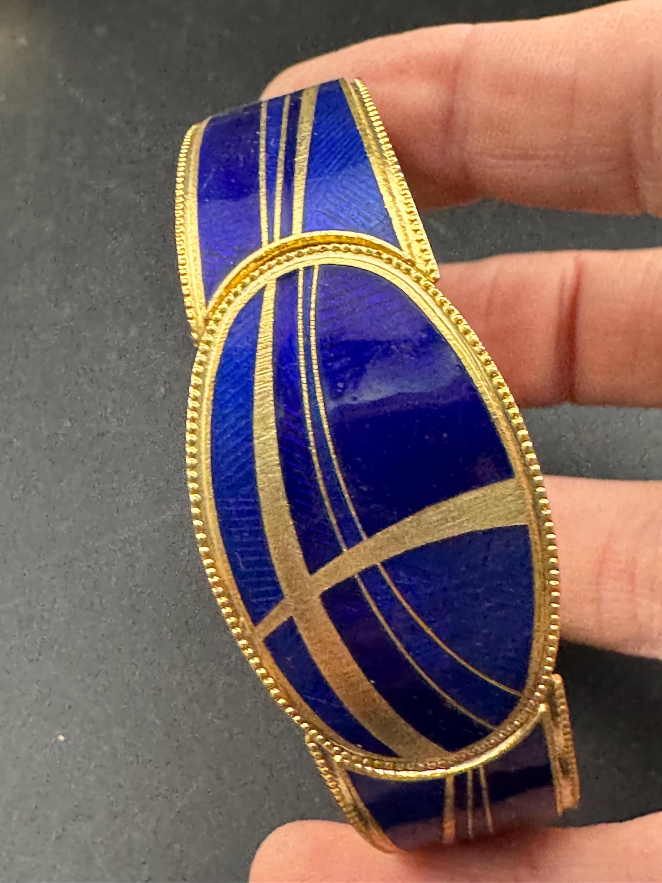 Vintage bright blue enamel geometric clamper bangle:  abstract modernist design 1980s 1990s