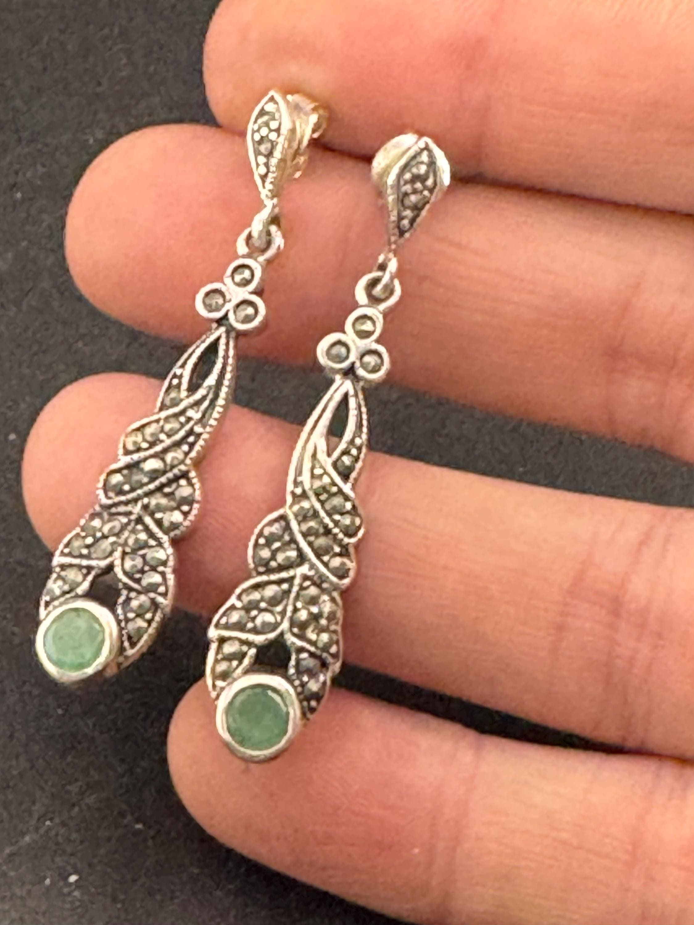 925 Marcasite green gemstone pierced drop Earrings , sterling silver 5cm 7.1 gram