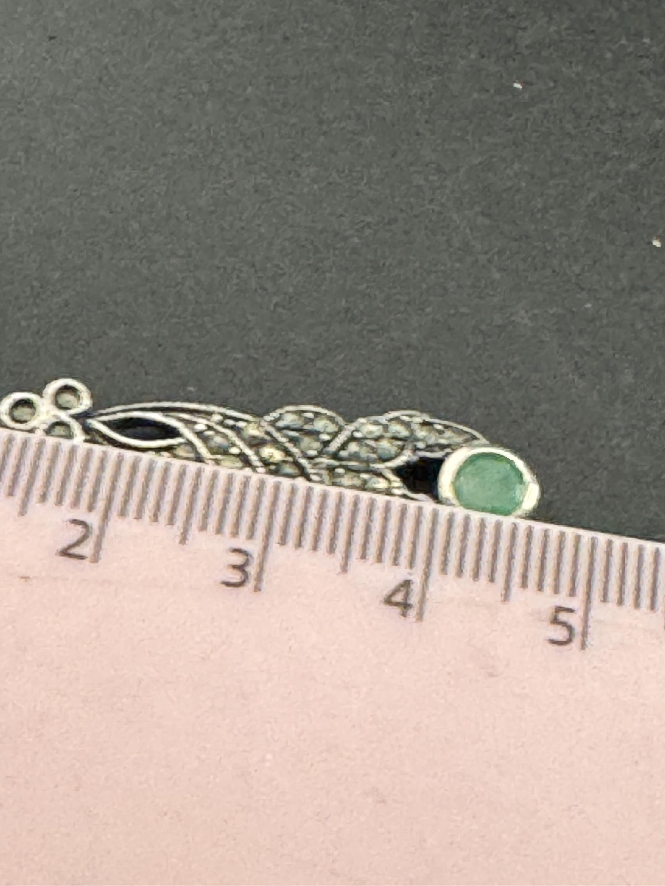 925 Marcasite green gemstone pierced drop Earrings , sterling silver 5cm 7.1 gram