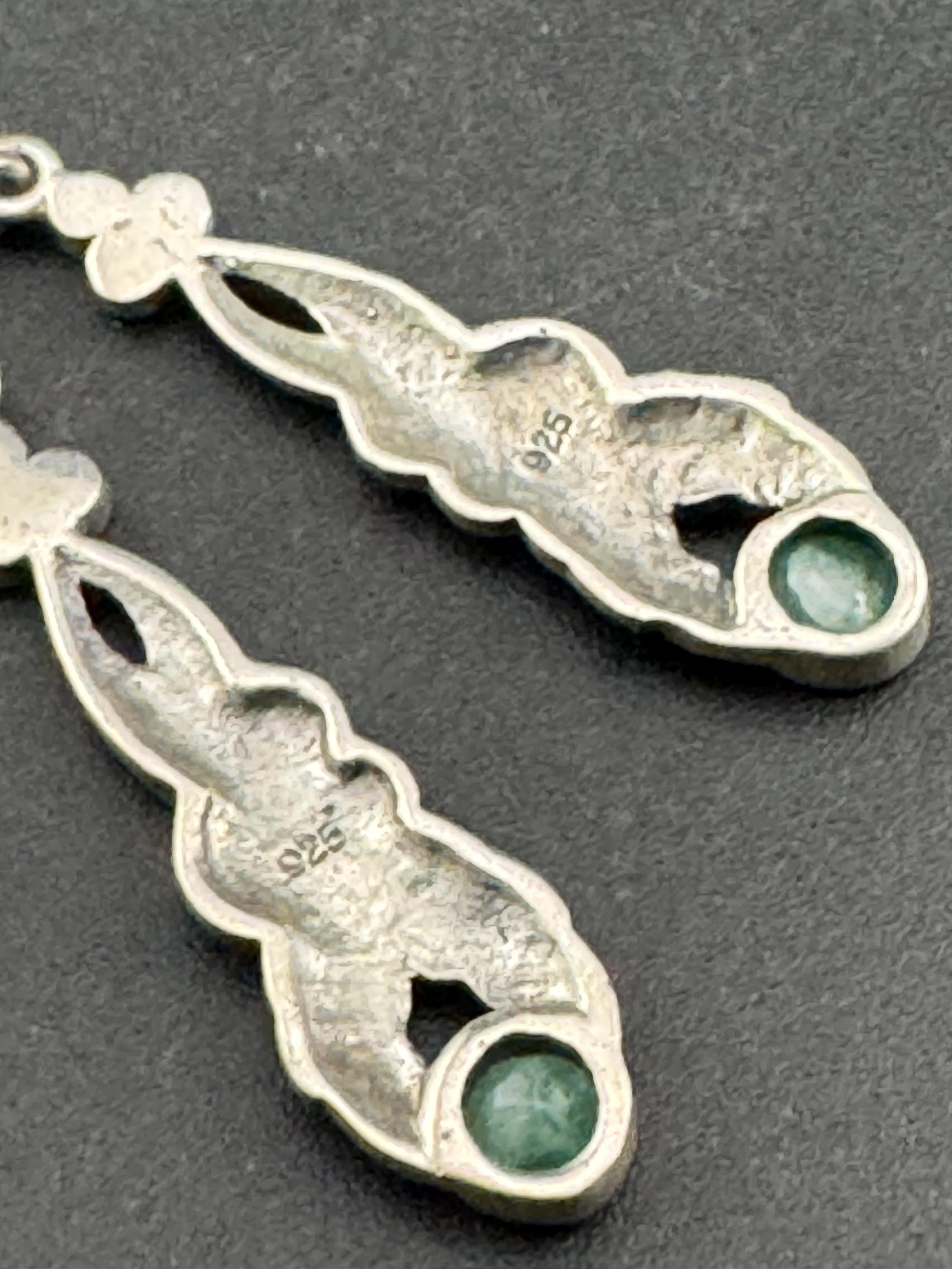 925 Marcasite green gemstone pierced drop Earrings , sterling silver 5cm 7.1 gram