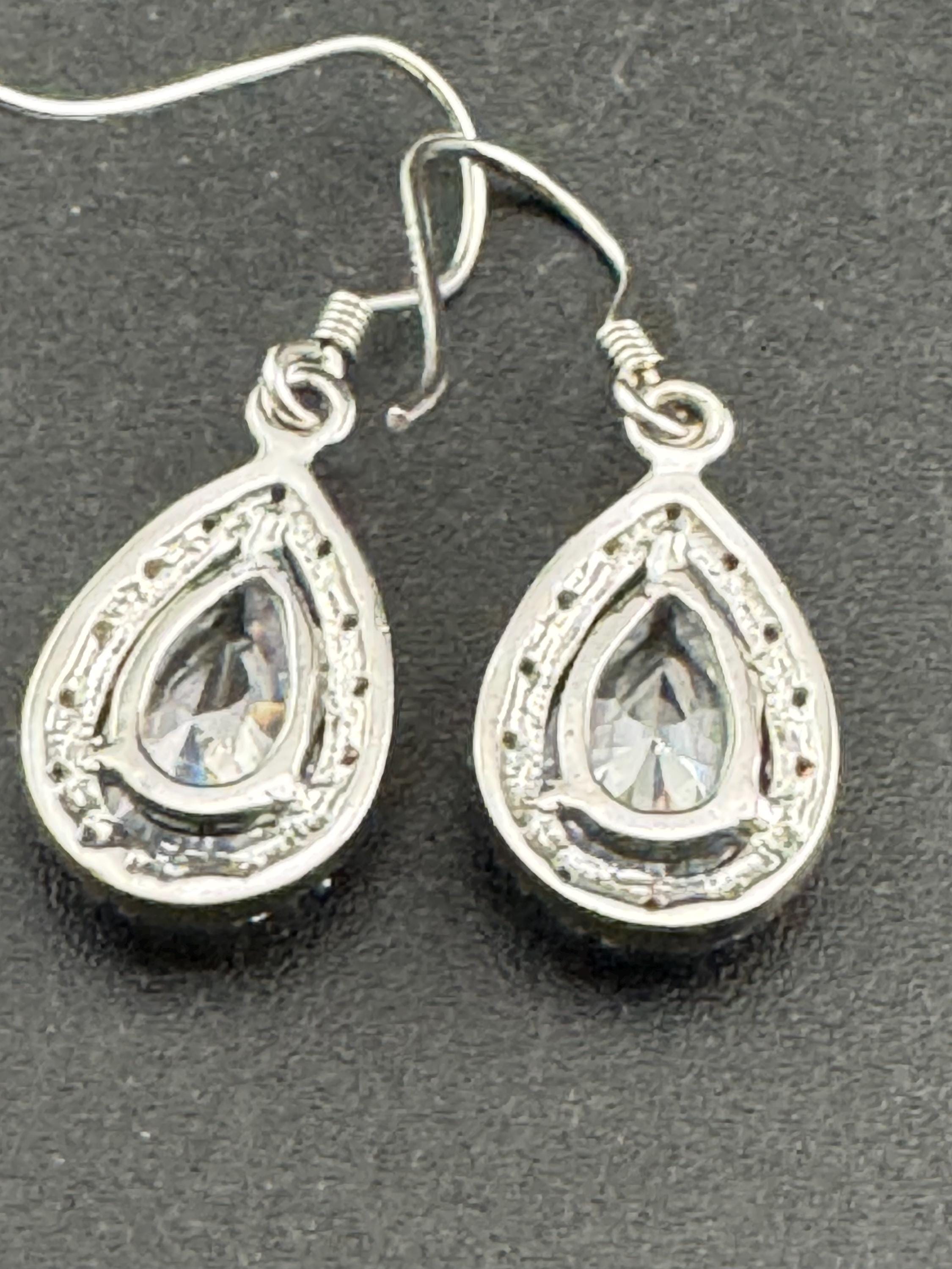 925 pierced drop Earrings, sterling silver set with clear diamanté gem stones