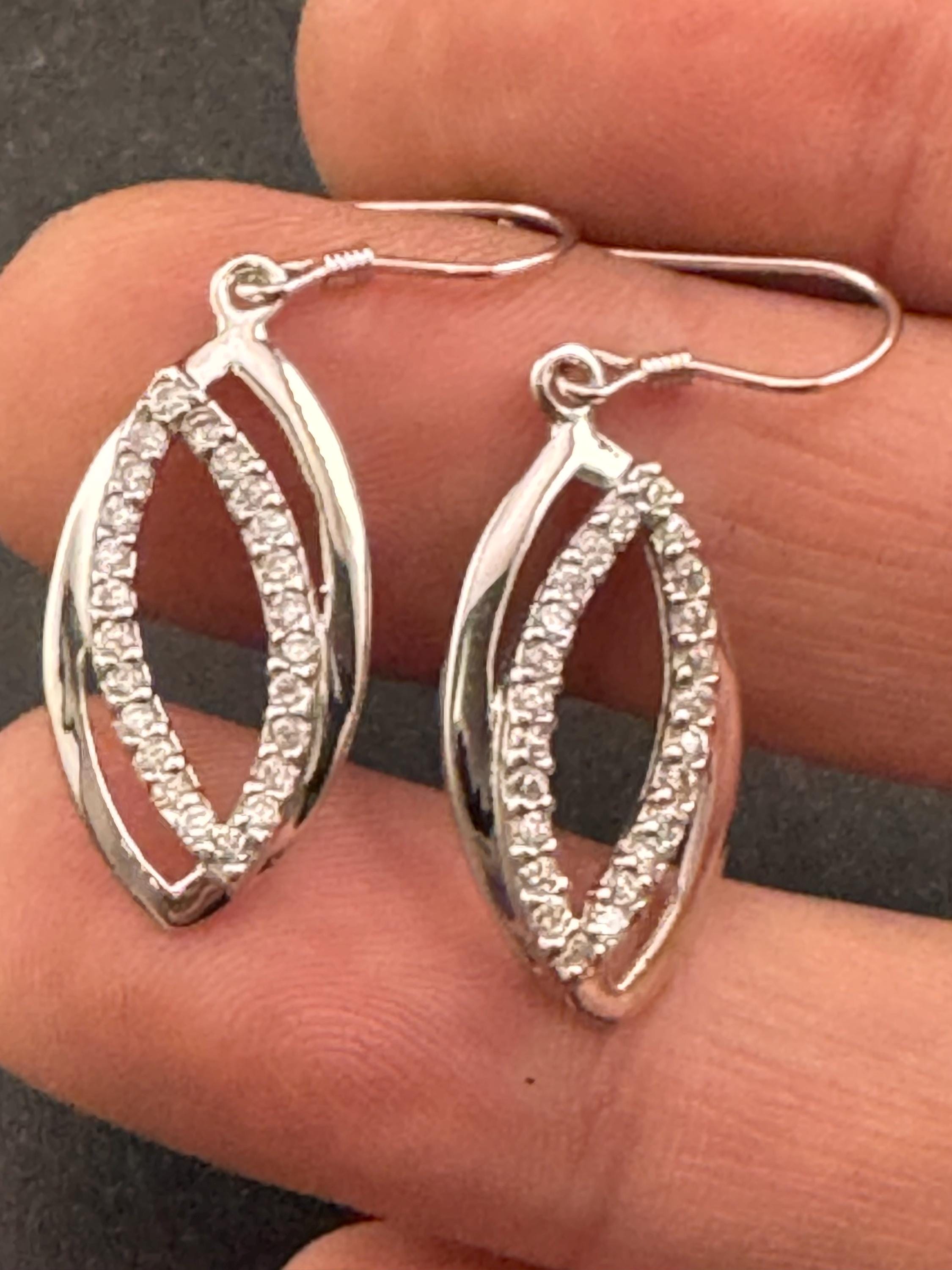 925 dainty pierced drop Earrings, sterling silver set with clear diamanté gem stones
