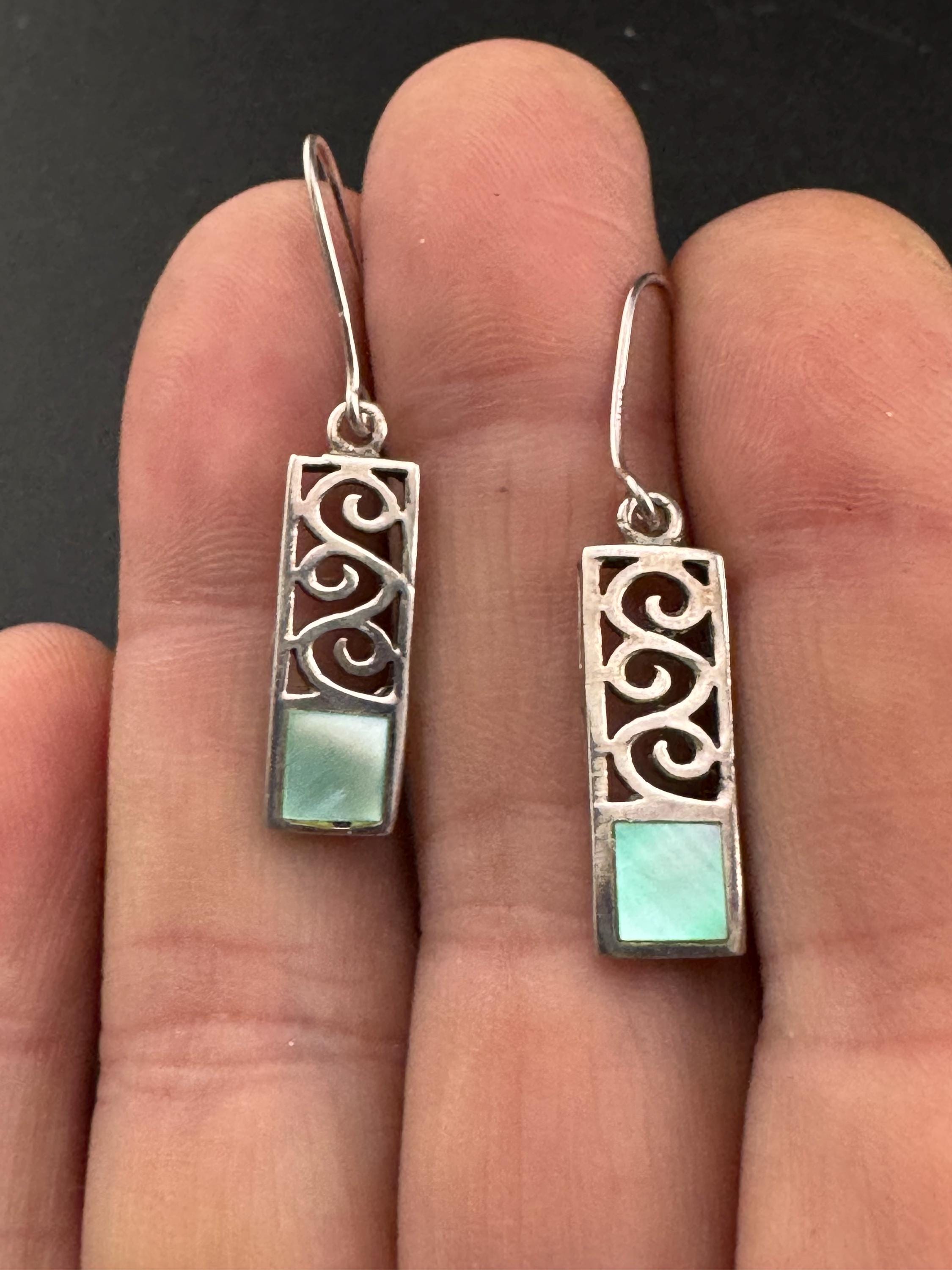 Vintage 925 rectangular drop Earrings with blue pearl , Art nouveau openwork