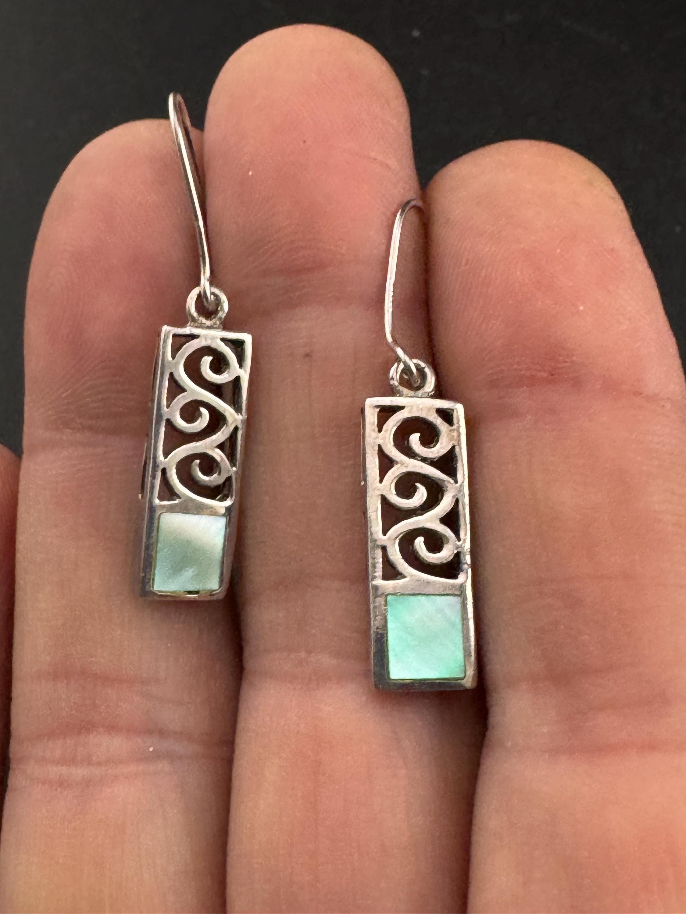 Vintage 925 rectangular drop Earrings with blue pearl , Art nouveau openwork