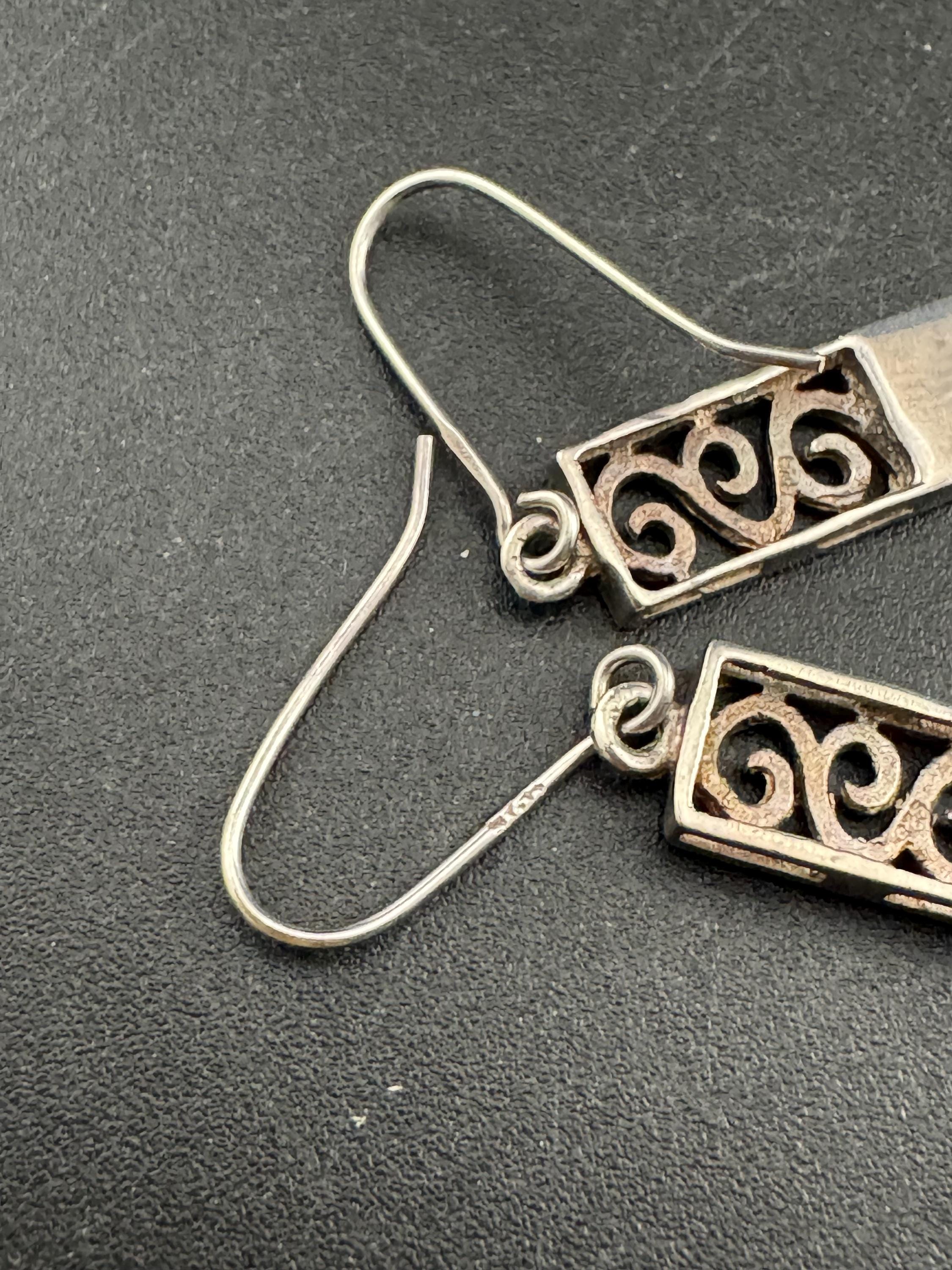 Vintage 925 rectangular drop Earrings with blue pearl , Art nouveau openwork